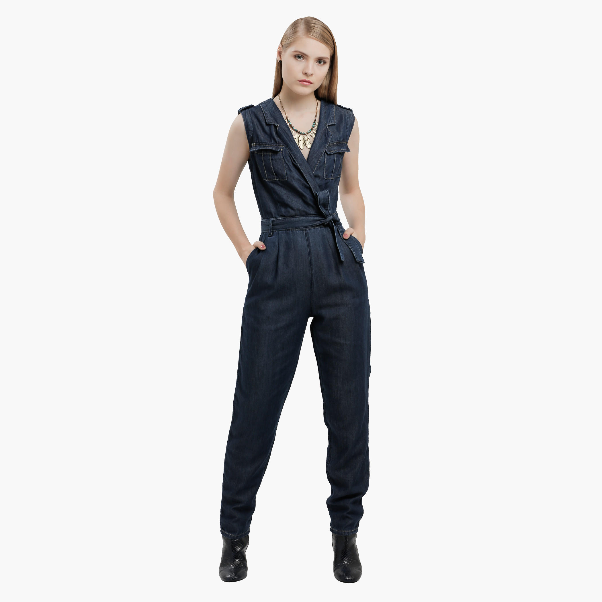 Lee Cooper Sleeveless Wrap Jumpsuit with Tie Ups at Waist-women-clothing-jumpsuits-image-1