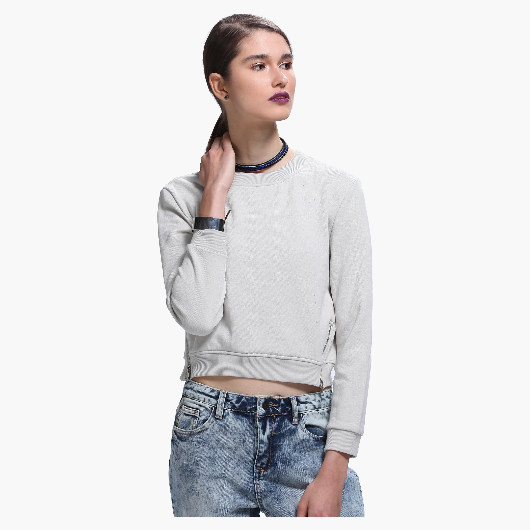 Lee Cooper Distressed Crop Sweatshirt with Round Neck and Zippered Detailing-women-winterwear-hoodiesandsweatshirts-sweatshirts-image-1