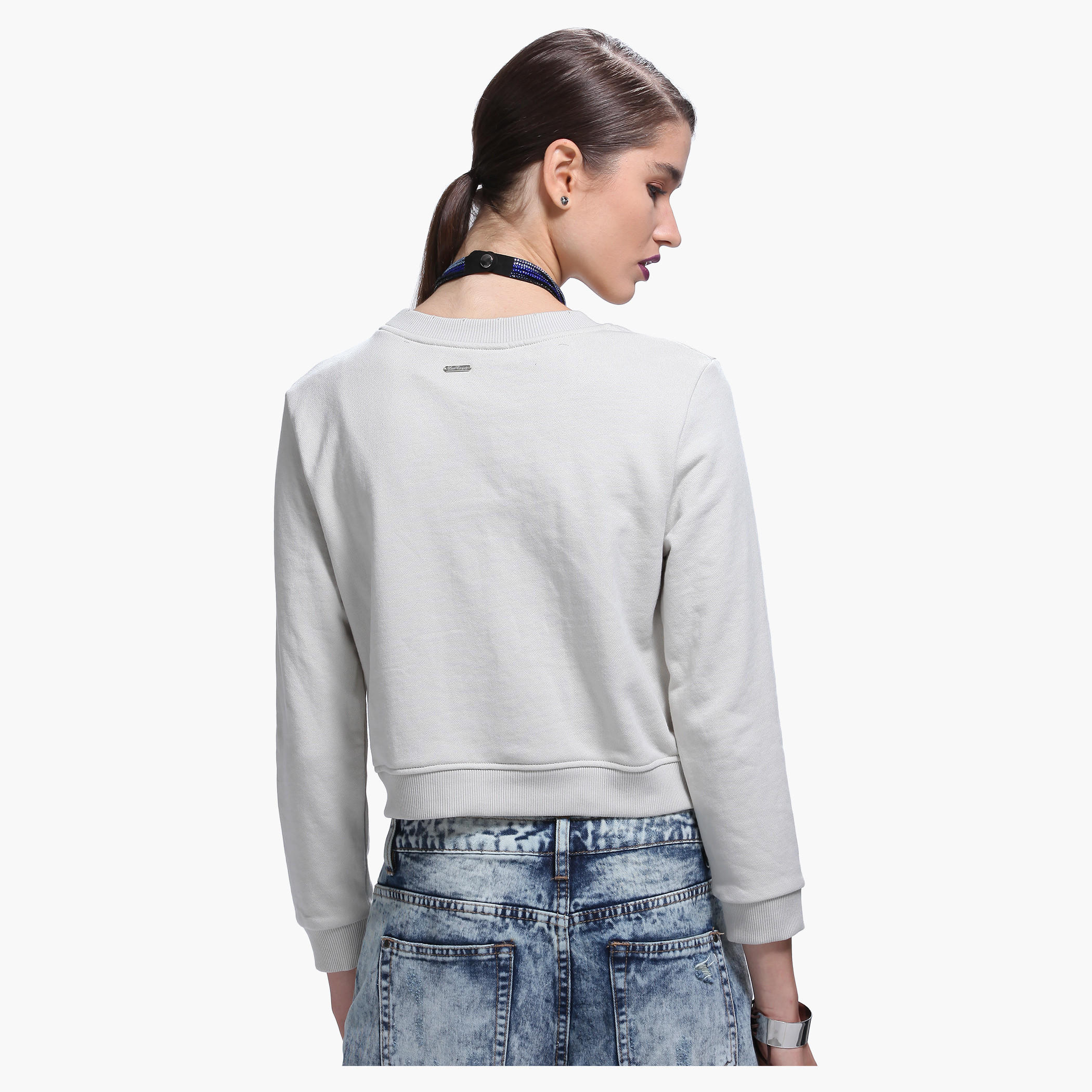 Lee Cooper Distressed Crop Sweatshirt with Round Neck and Zippered Detailing-women-winterwear-hoodiesandsweatshirts-sweatshirts-image-2