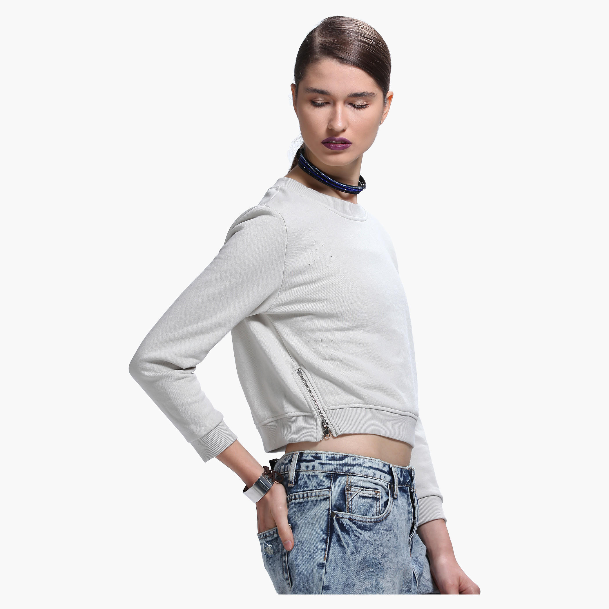 Lee Cooper Distressed Crop Sweatshirt with Round Neck and Zippered Detailing-women-winterwear-hoodiesandsweatshirts-sweatshirts-image-3