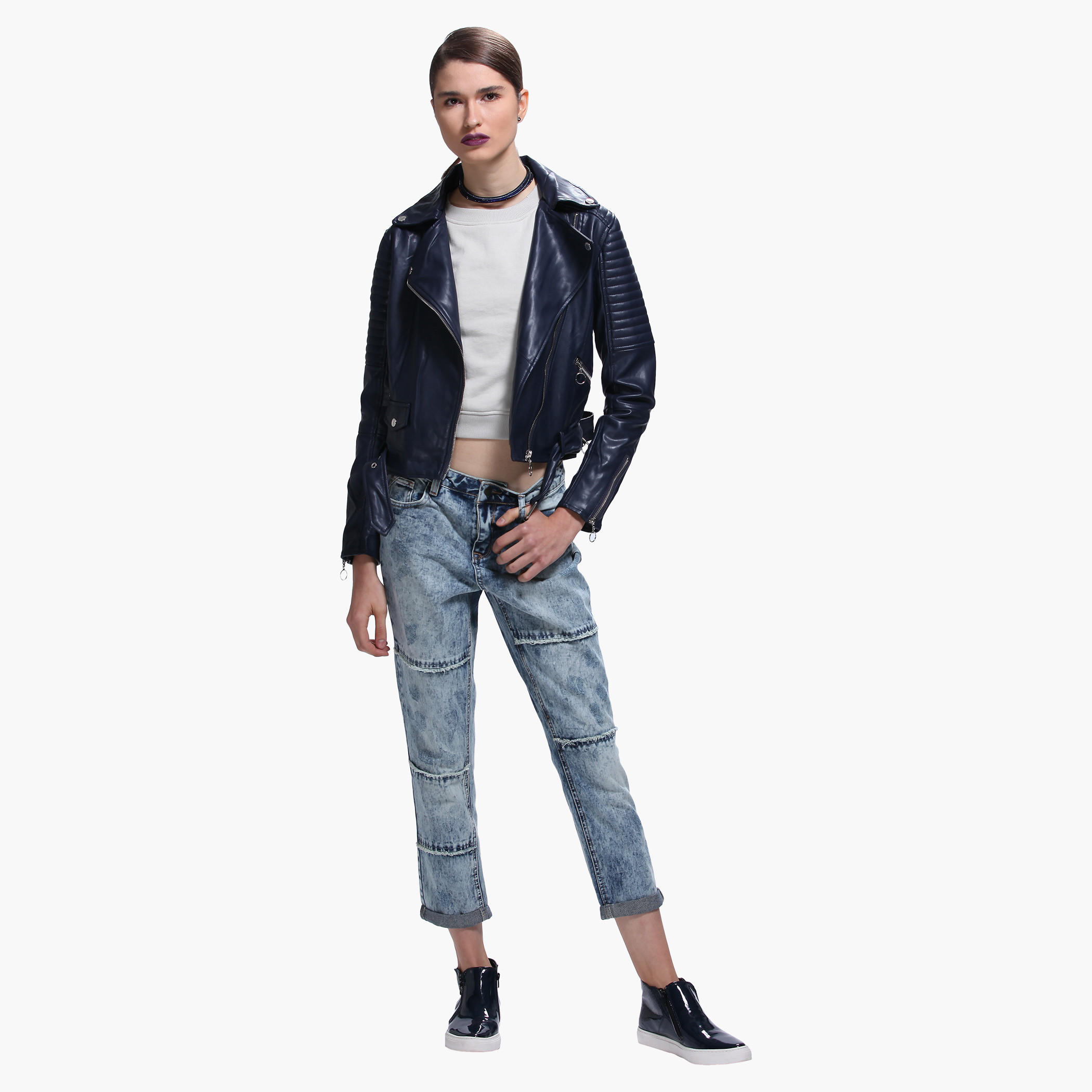 Lee Cooper Distressed Crop Sweatshirt with Round Neck and Zippered Detailing-women-winterwear-hoodiesandsweatshirts-sweatshirts-image-5