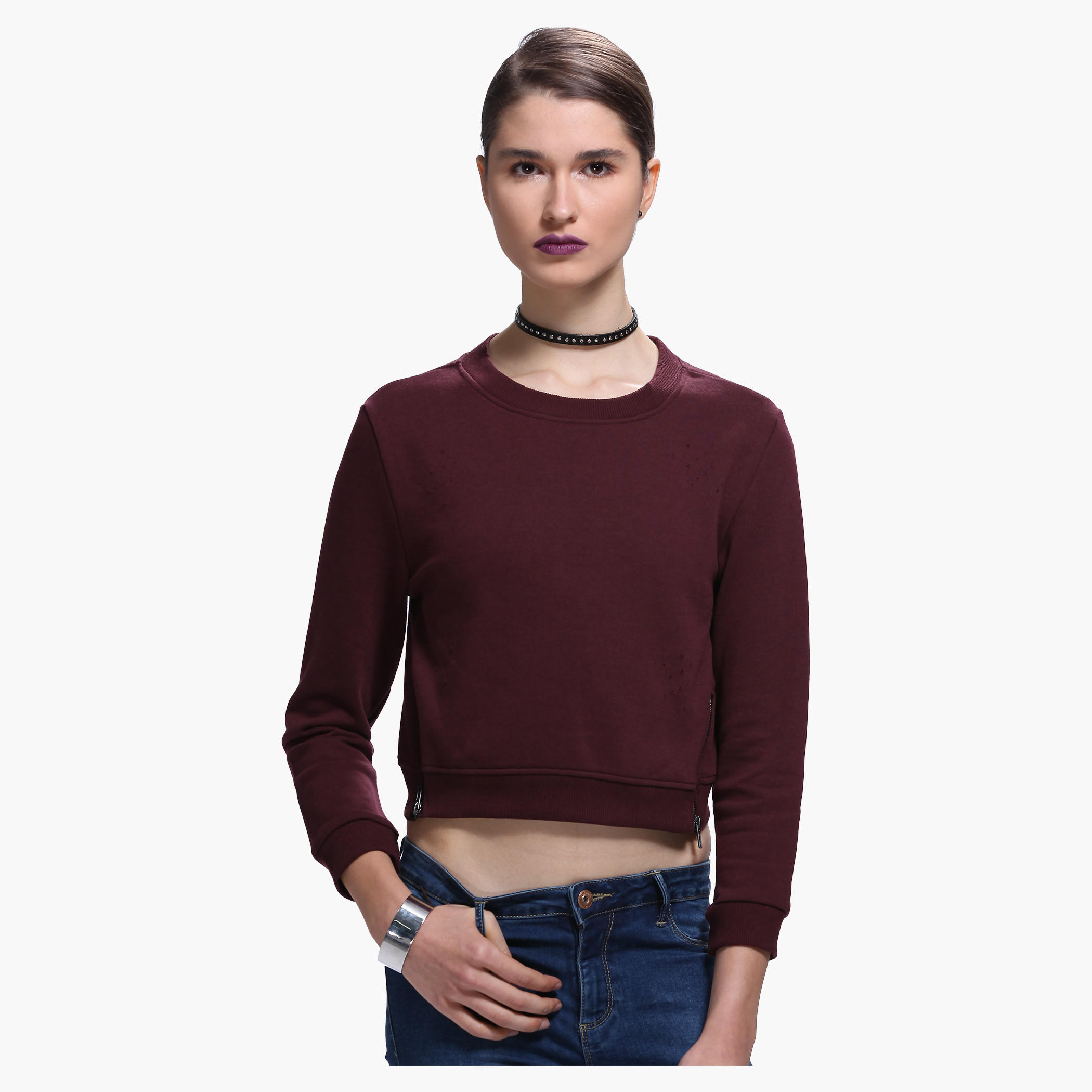 Lee Cooper Distressed Crop Sweatshirt with Round Neck and Zippered Detailing-women-winterwear-hoodiesandsweatshirts-sweatshirts-image-6