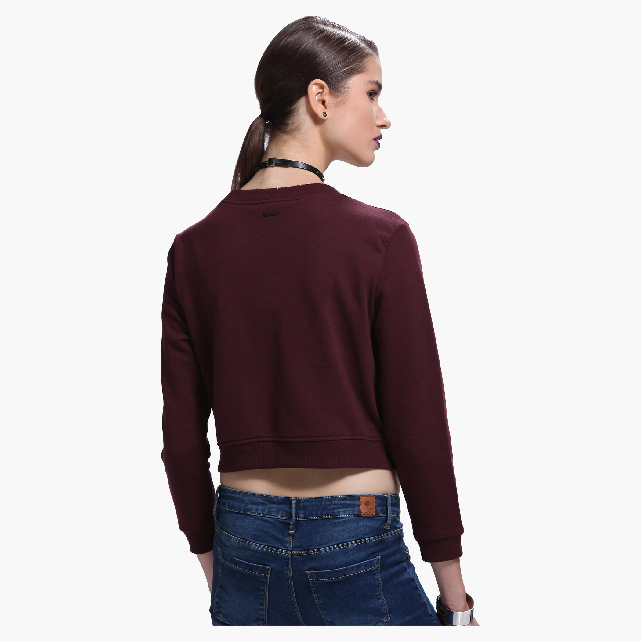 Lee Cooper Distressed Crop Sweatshirt with Round Neck and Zippered Detailing-women-winterwear-hoodiesandsweatshirts-sweatshirts-image-7