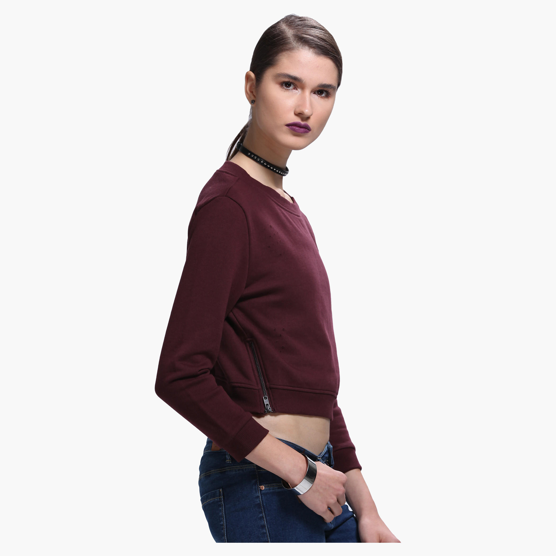 Lee Cooper Distressed Crop Sweatshirt with Round Neck and Zippered Detailing-women-winterwear-hoodiesandsweatshirts-sweatshirts-image-8