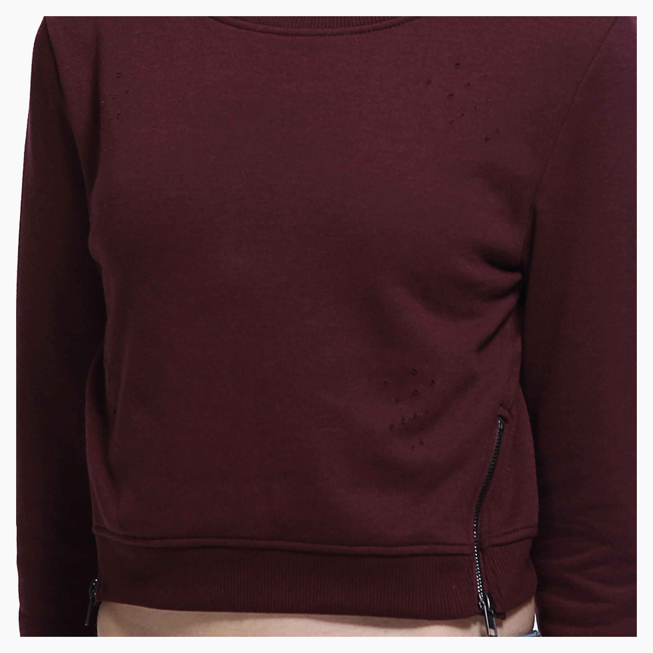 Lee Cooper Distressed Crop Sweatshirt with Round Neck and Zippered Detailing-women-winterwear-hoodiesandsweatshirts-sweatshirts-image-9