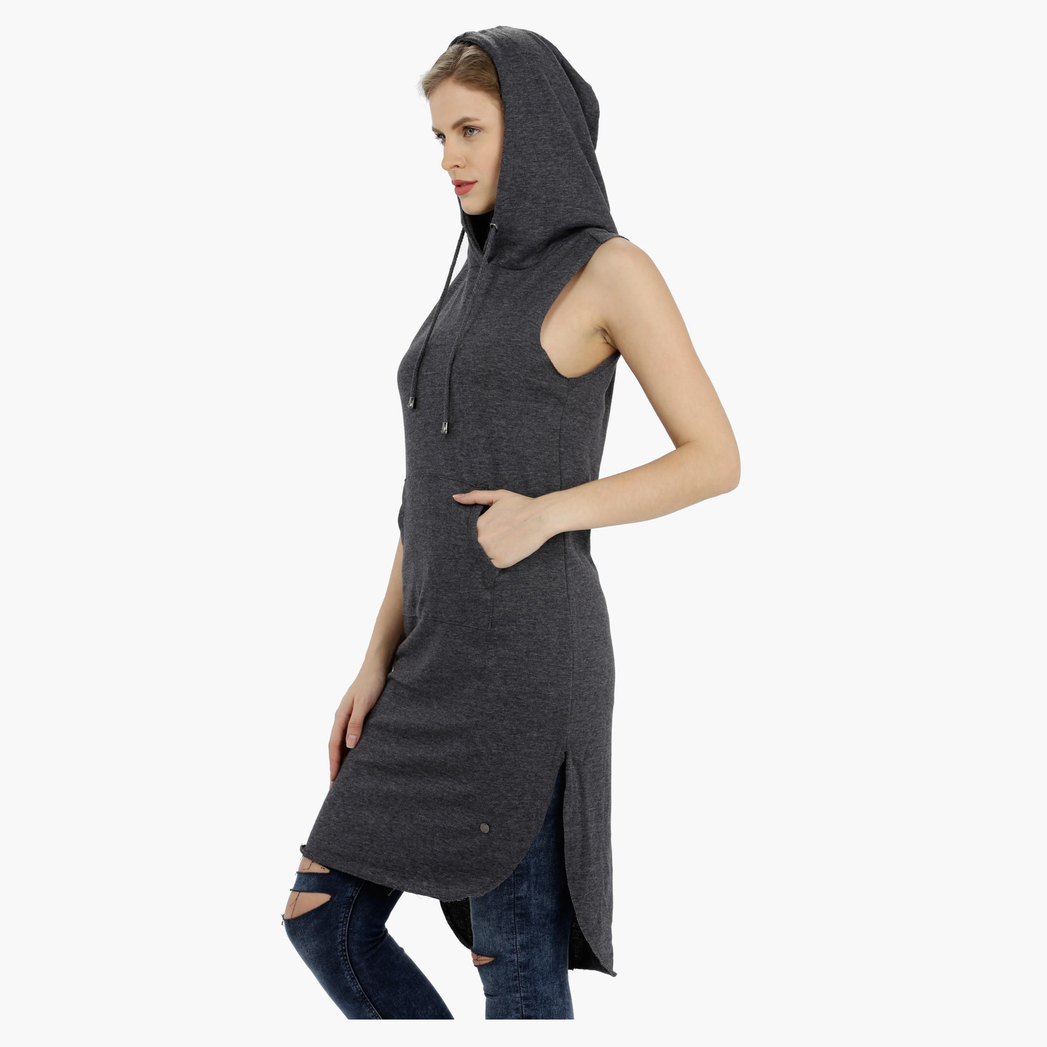 Lee Cooper Sleeveless Hooded Dress with High Low Hem-women-winterwear-hoodiesandsweatshirts-hoodies-image-3