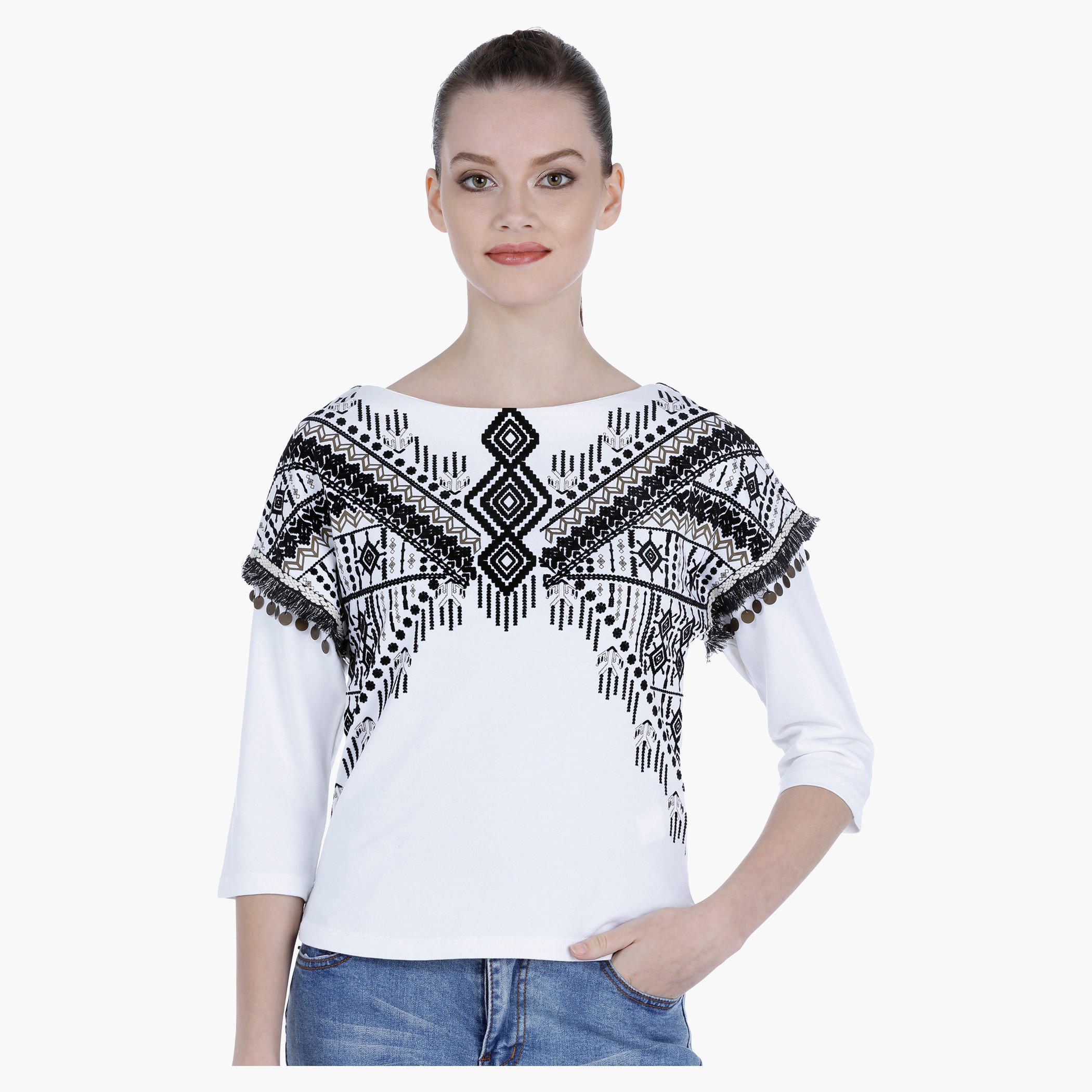 Lee Cooper Cotton Printed Shirt with Fringe Detail-women-clothing-tshirts-image-5