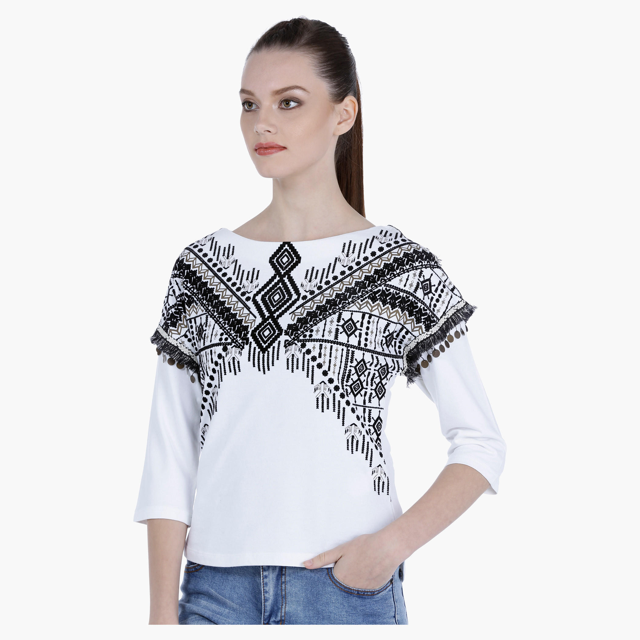Lee Cooper Cotton Printed Shirt with Fringe Detail-women-clothing-tshirts-image-3