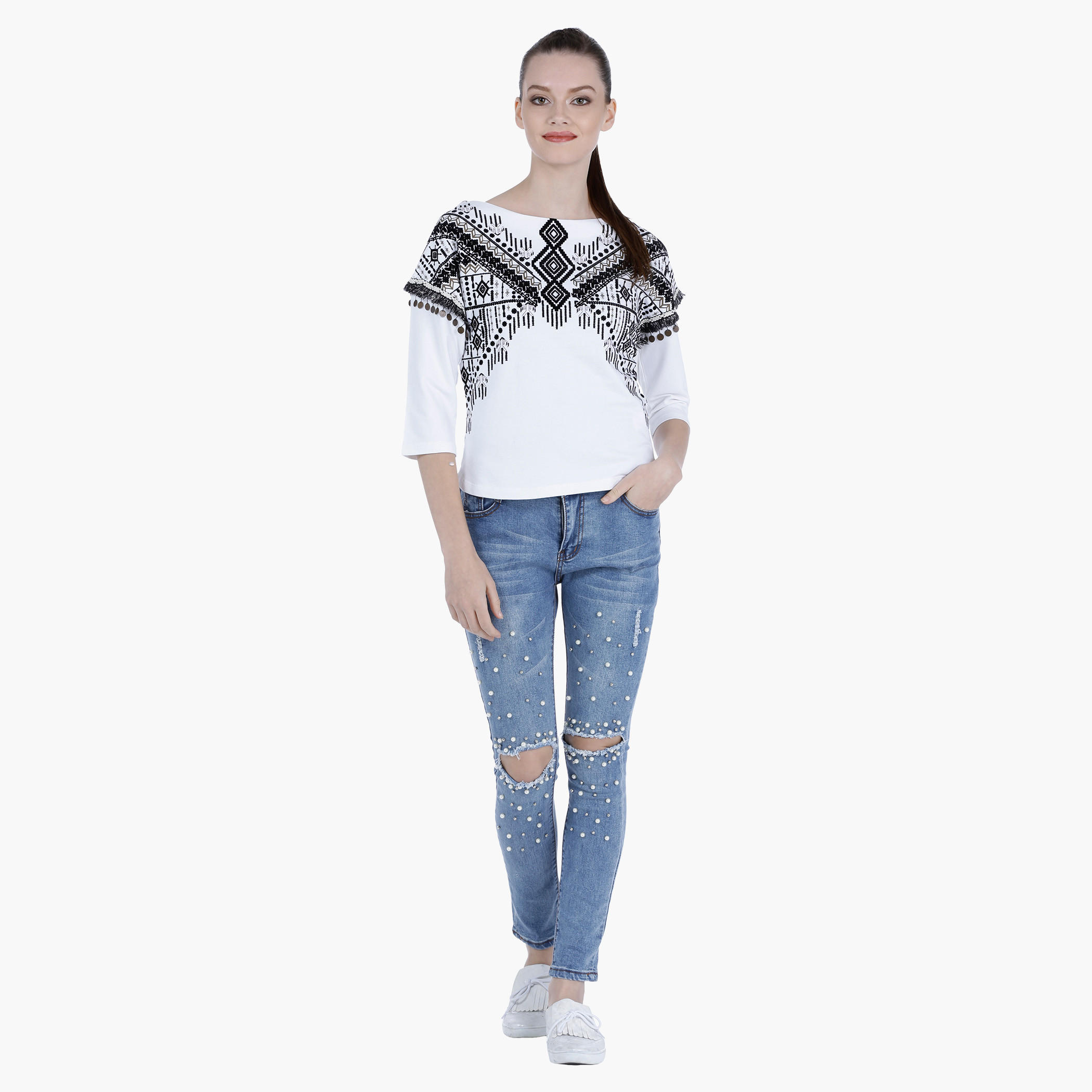 Lee Cooper Cotton Printed Shirt with Fringe Detail-women-clothing-tshirts-image-1