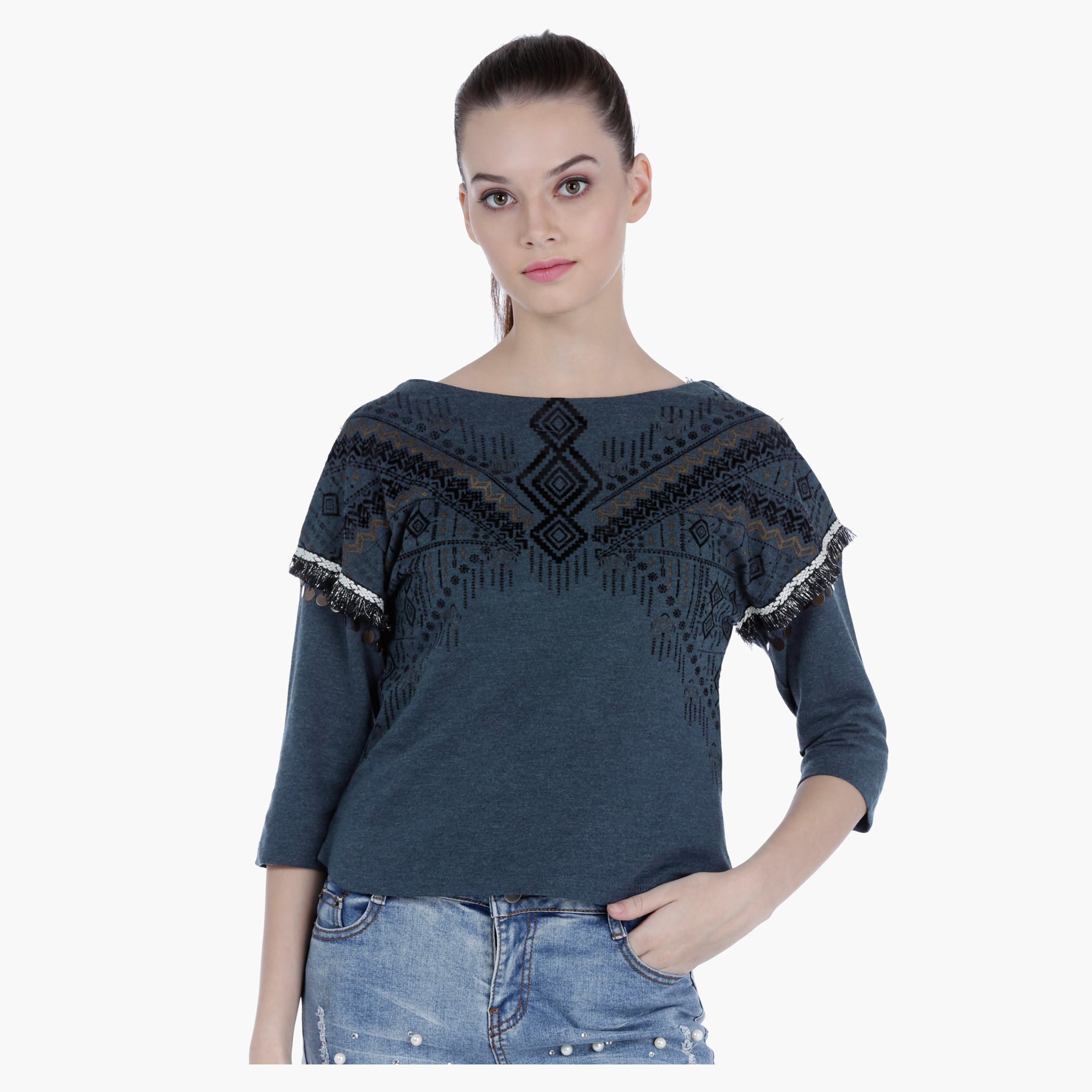 Lee Cooper Embellished Cotton Shirt with 3/4th Sleeves and Print-women-clothing-tshirts-image-1