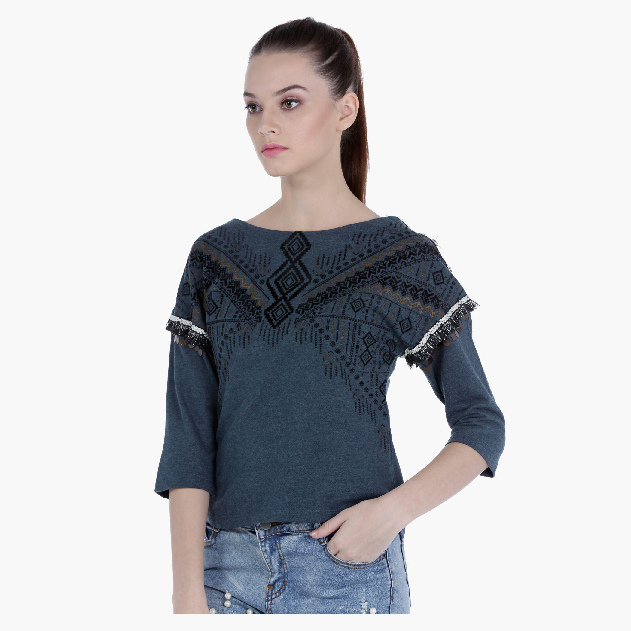 Lee Cooper Embellished Cotton Shirt with 3/4th Sleeves and Print-women-clothing-tshirts-image-3