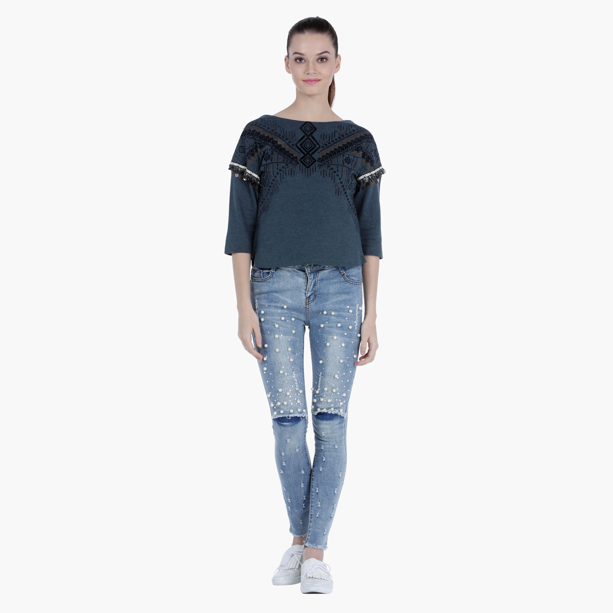 Lee Cooper Embellished Cotton Shirt with 3/4th Sleeves and Print-women-clothing-tshirts-image-5