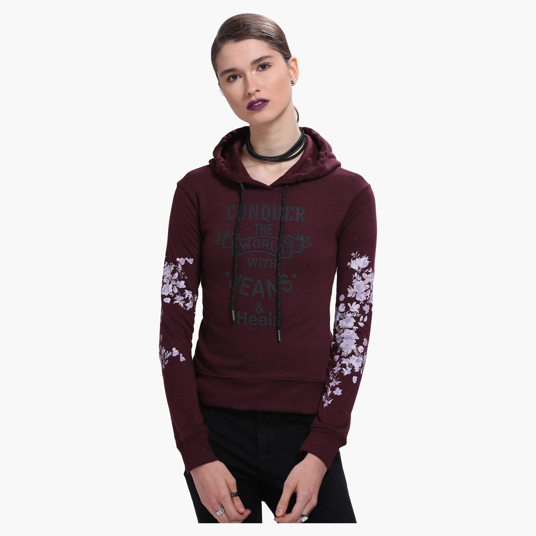 Lee Cooper Floral Print Hooded Sweatshirt with Long Sleeves-women-winterwear-hoodiesandsweatshirts-sweatshirts-image-1