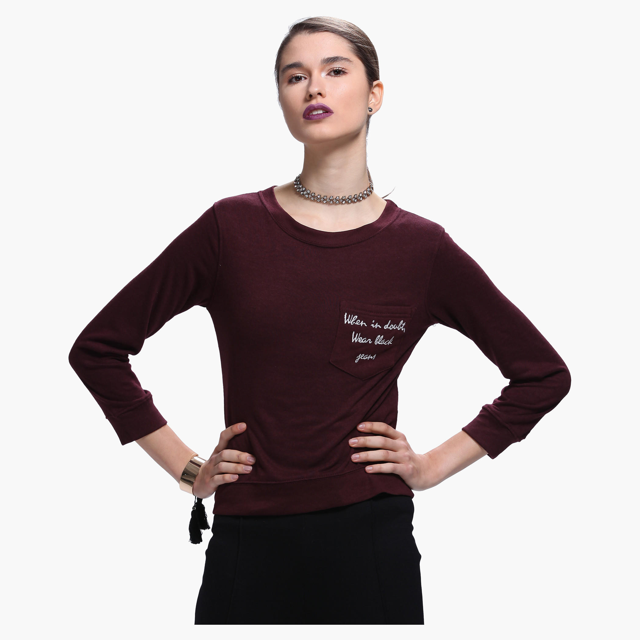 Lee Cooper Round Neck Sweatshirt in 3/4th Sleeves-women-winterwear-hoodiesandsweatshirts-sweatshirts-image-1