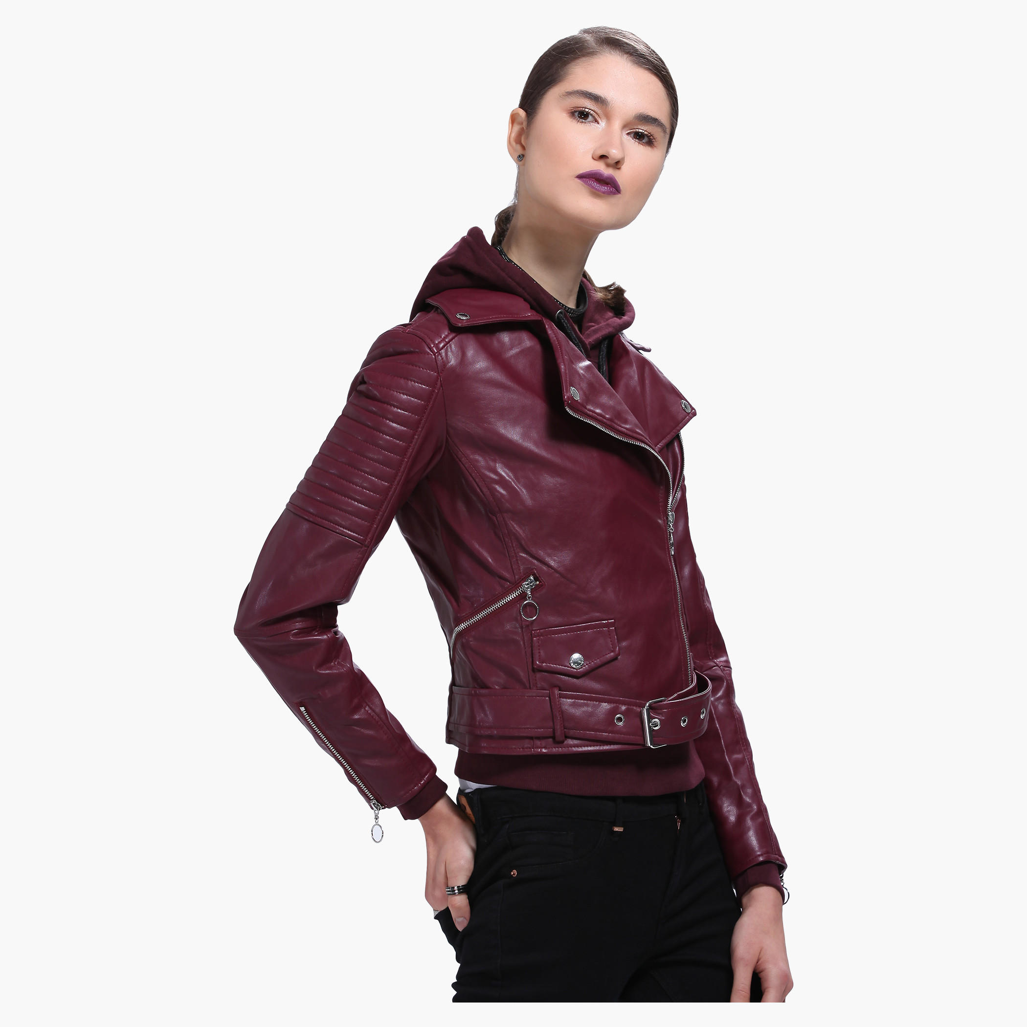 Lee Cooper Biker Jacket with Zippered Front-women-winterwear-coatsandjackets-jackets-image-3