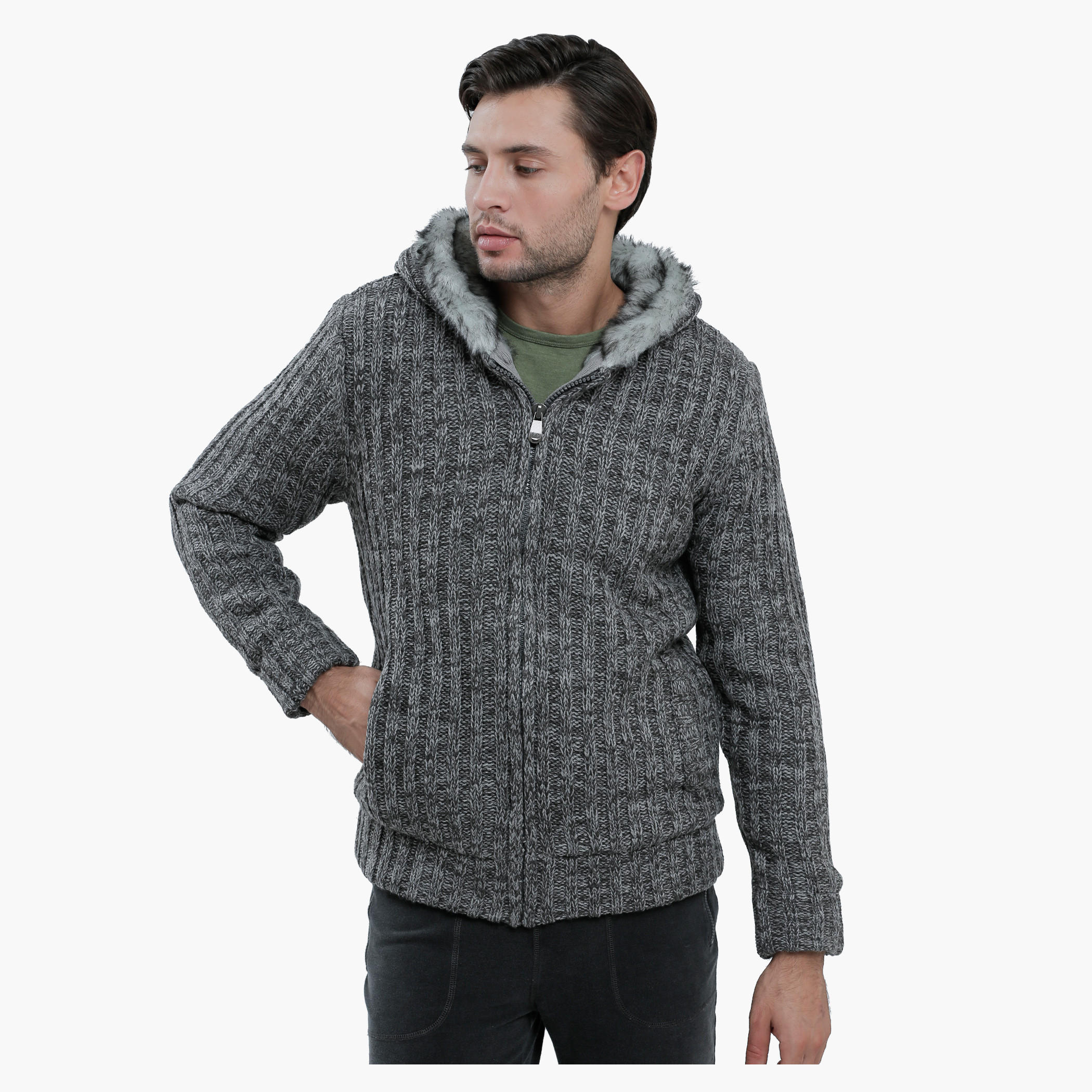 Lee Cooper Ribbed Sweater with Hood and Zip Detail-men-clothing-sweatersandpullovers-image-1