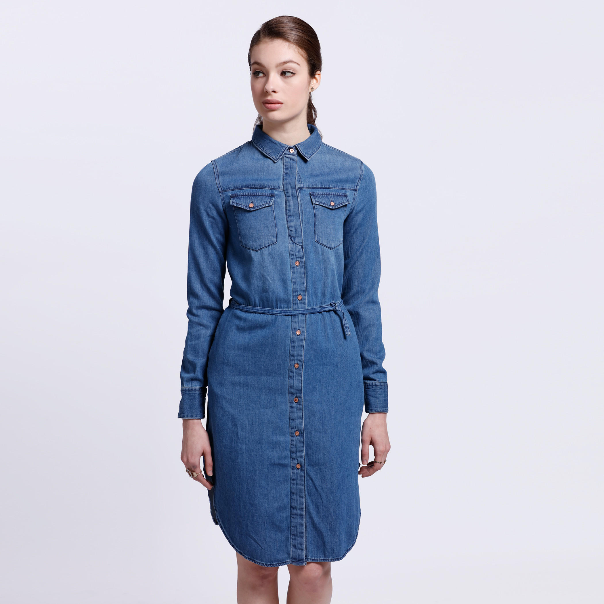 Denim Shirt Dress with Long Sleeves-women-clothing-dresses-image-1