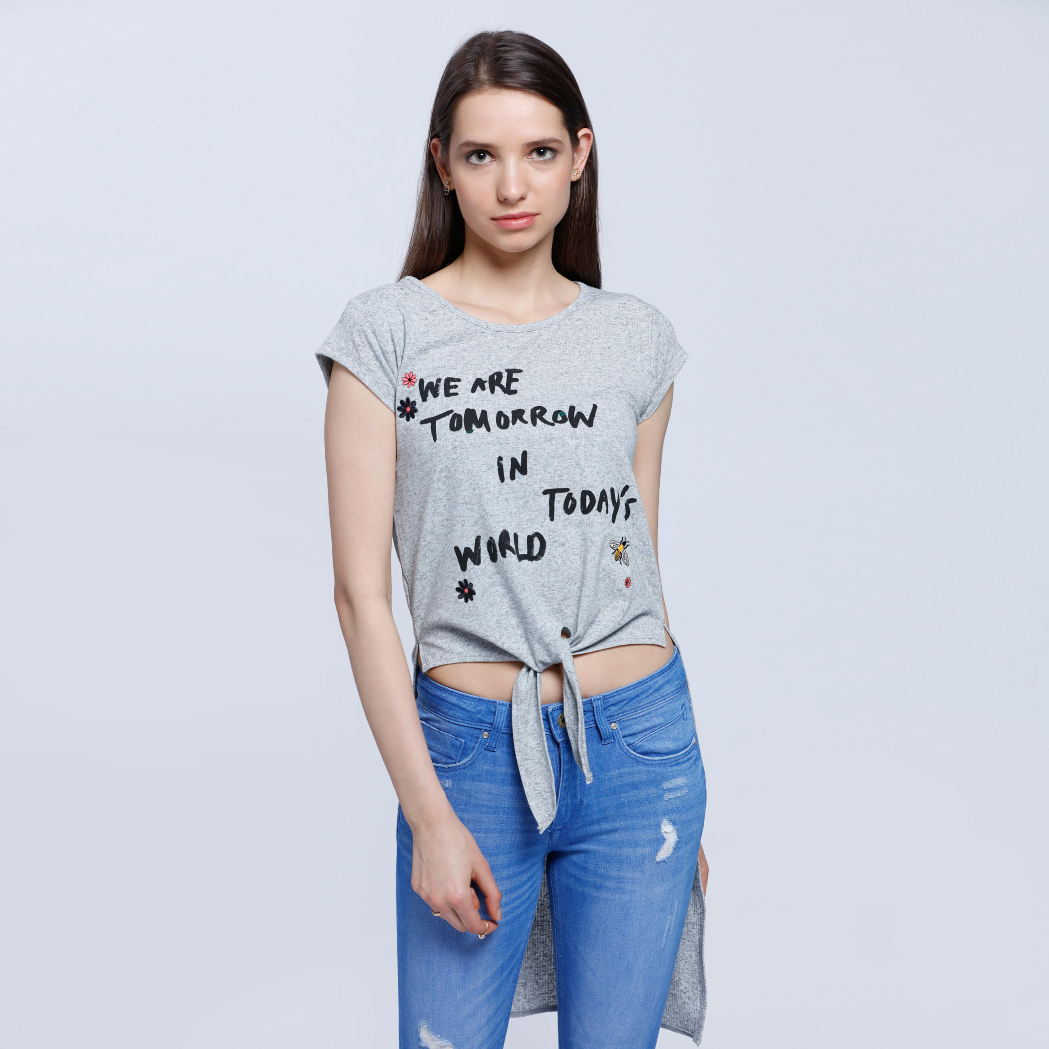 Lee Cooper Printed T-Shirt with Front Knot and High-Low Hem-women-clothing-tshirts-image-1