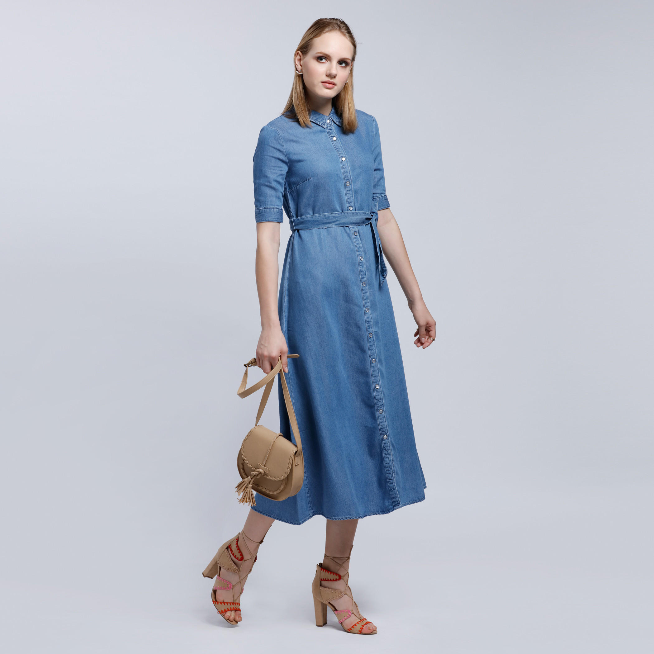 Lee Cooper 3/4 Sleeves Midi Dress with Button Placket-women-clothing-dresses-image-1