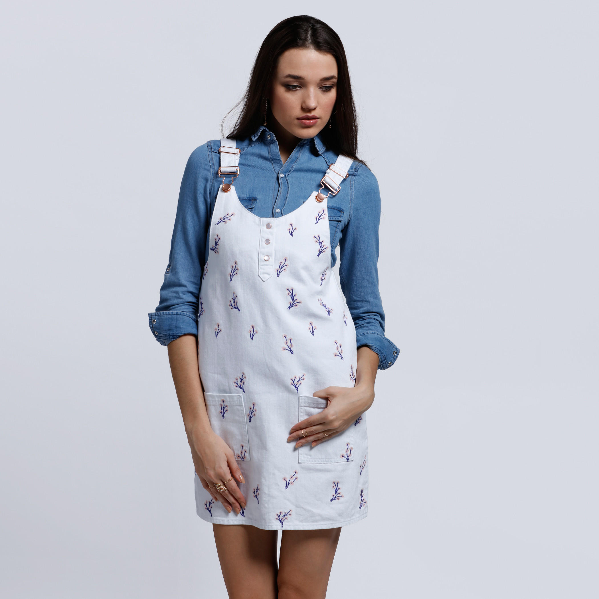Lee Cooper Embroidered Pinafore Dress with Pocket Detail-women-clothing-dresses-image-1