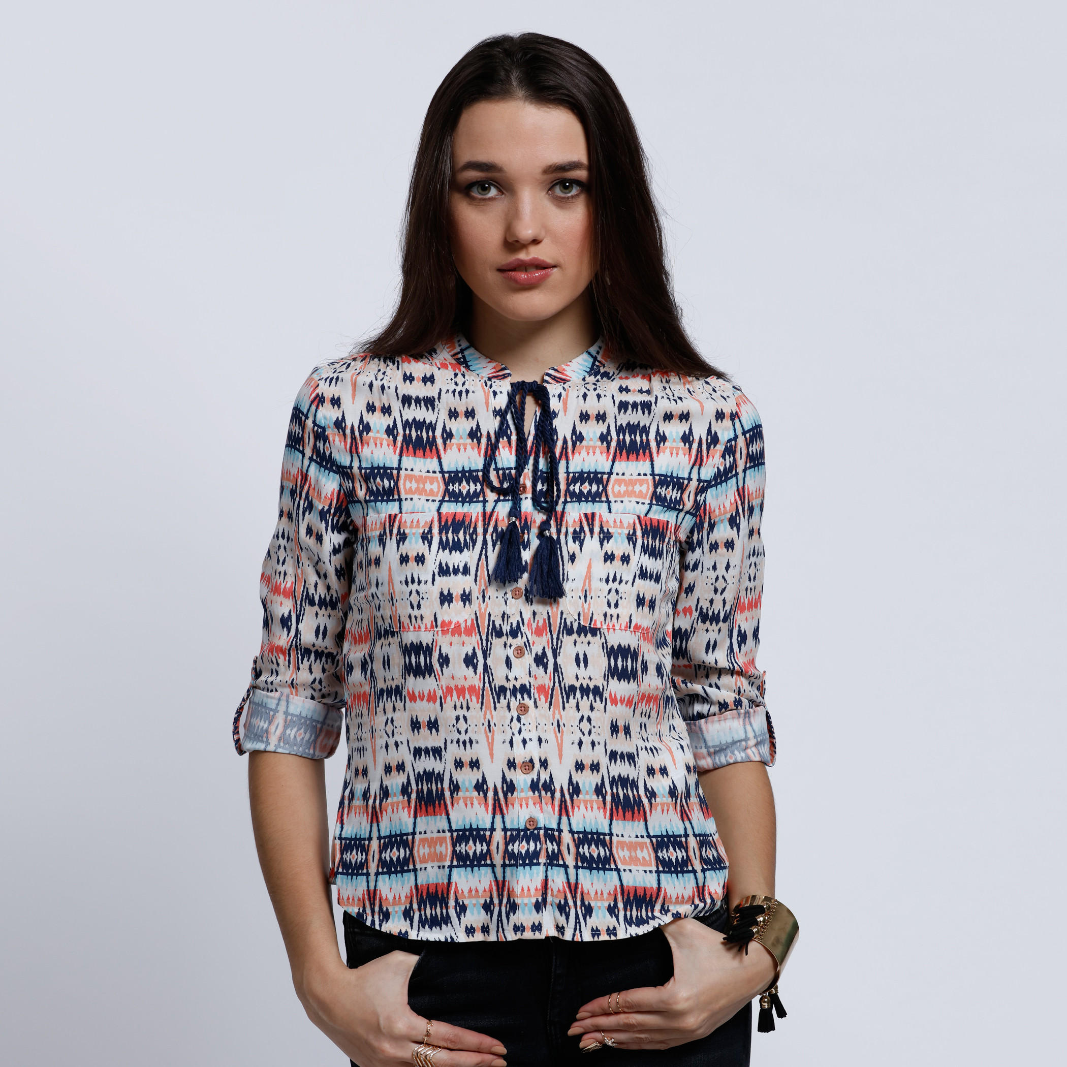 Lee Cooper Printed Top with Roll Up Sleeves and Tassels-women-clothing-shirtsandblouses-blouses-image-1