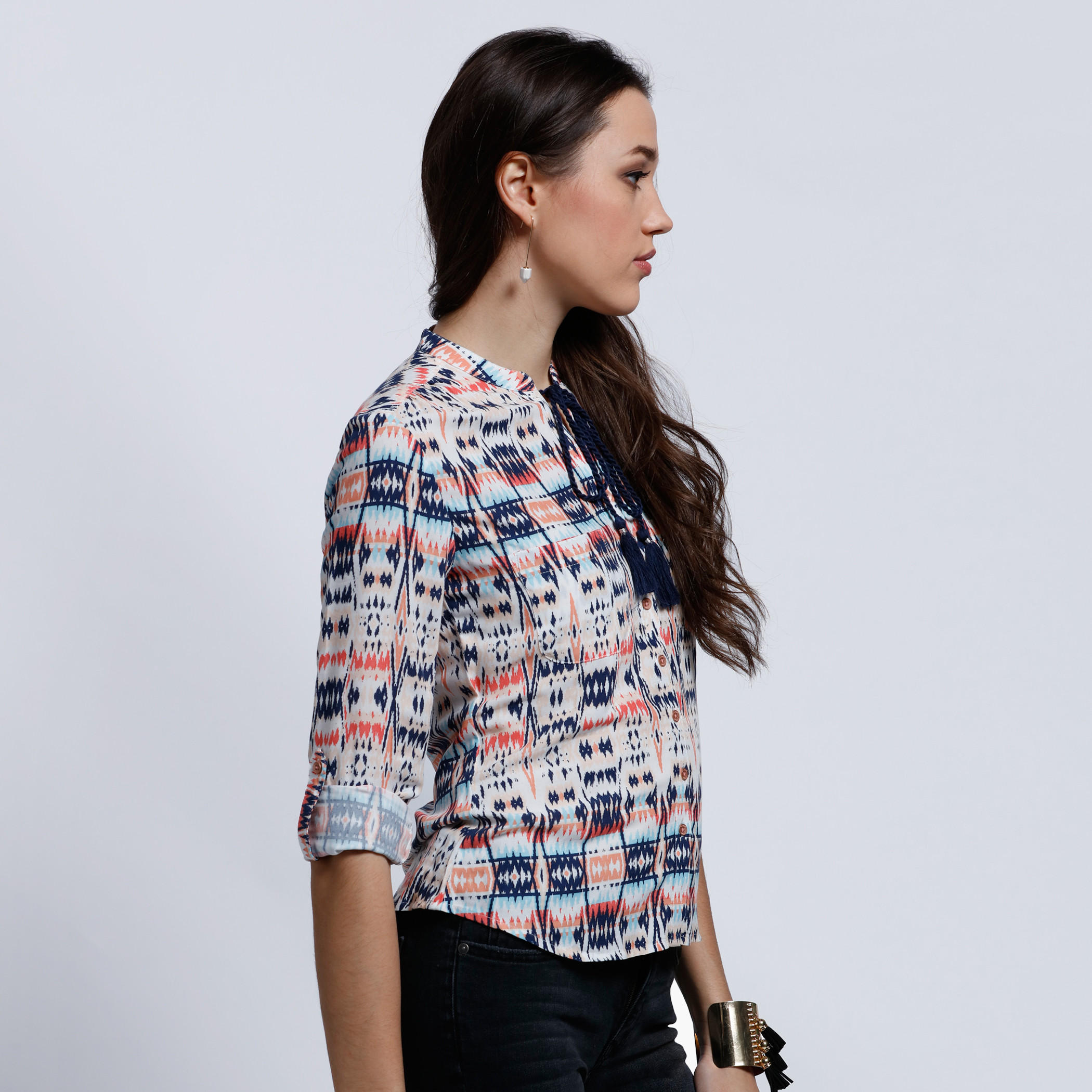Lee Cooper Printed Top with Roll Up Sleeves and Tassels-women-clothing-shirtsandblouses-blouses-image-3