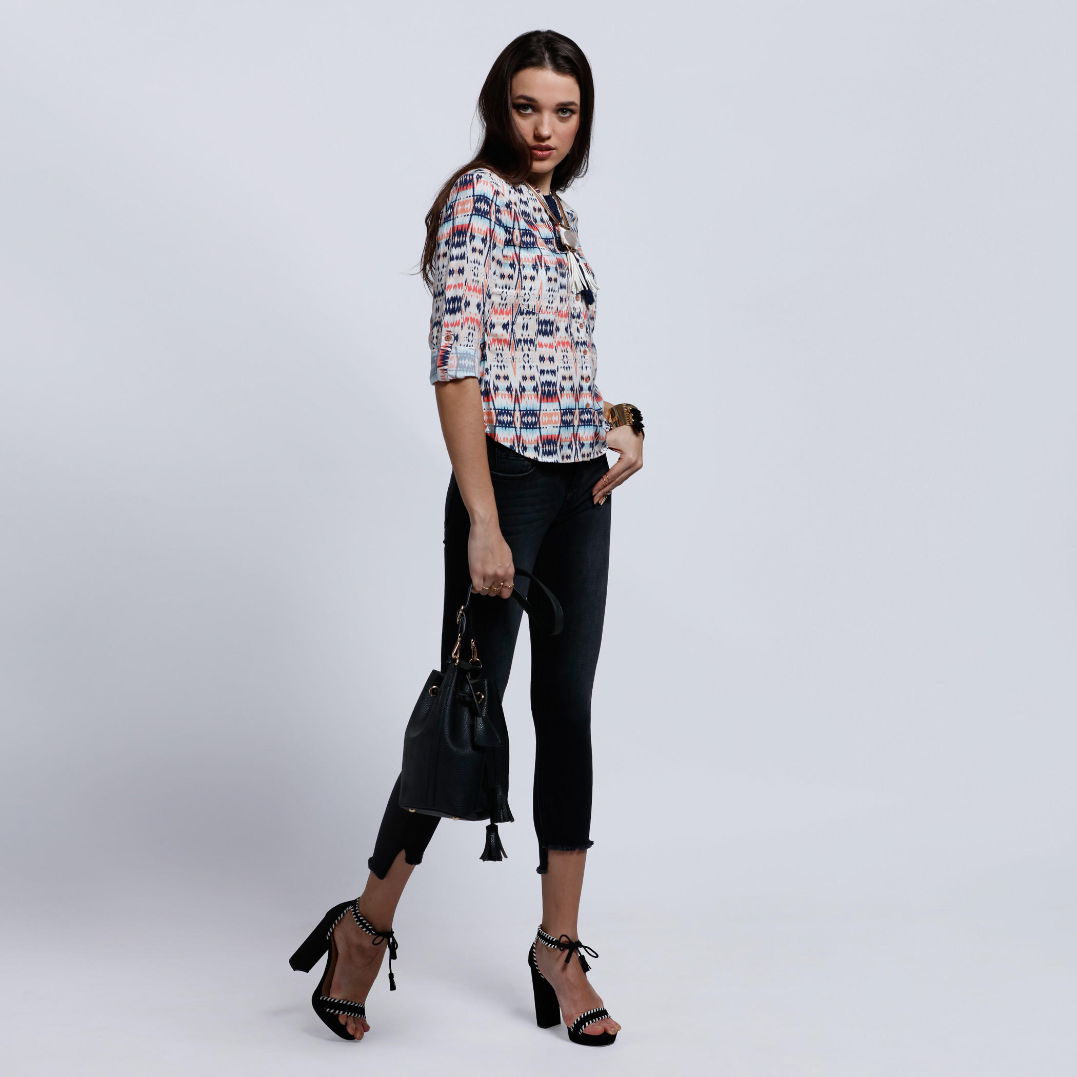 Lee Cooper Printed Top with Roll Up Sleeves and Tassels-women-clothing-shirtsandblouses-blouses-image-5