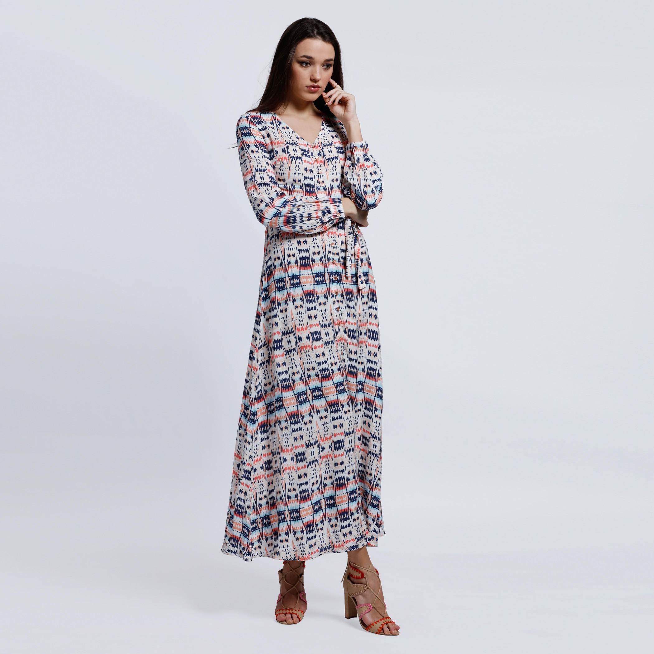 Lee Cooper Printed Maxi Dress with Long Sleeves and Tie Up -women-clothing-dresses-image-1
