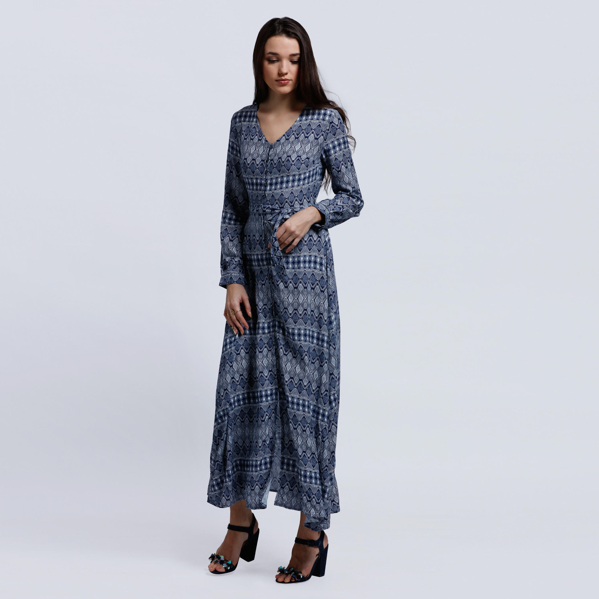 Lee Cooper Printed Maxi Dress with Long Sleeves and Tie Up -women-clothing-dresses-image-1
