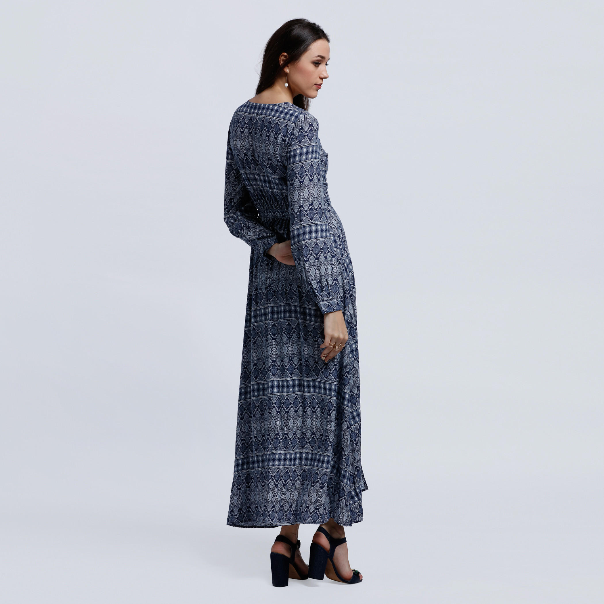 Lee Cooper Printed Maxi Dress with Long Sleeves and Tie Up -women-clothing-dresses-image-2