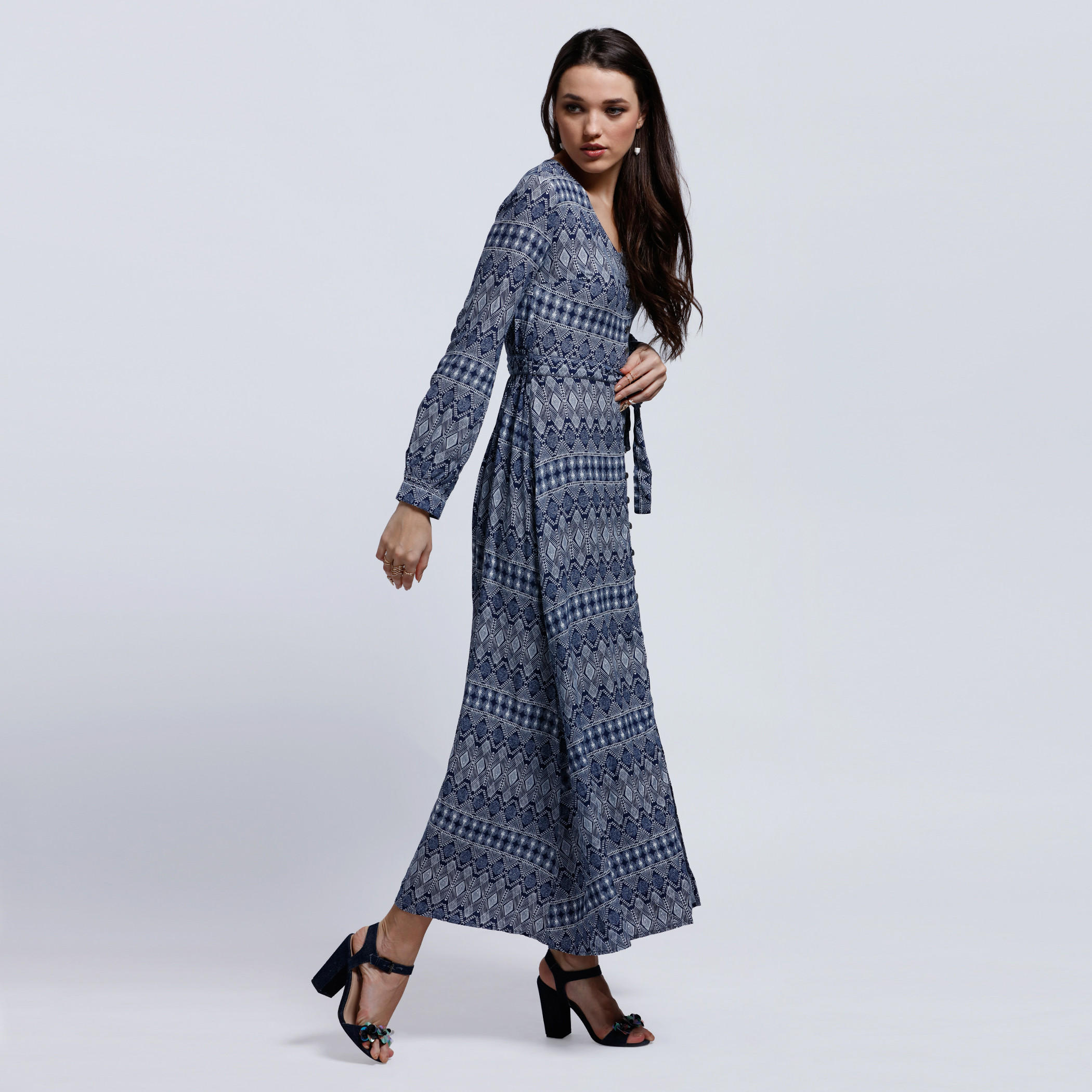 Lee Cooper Printed Maxi Dress with Long Sleeves and Tie Up -women-clothing-dresses-image-3