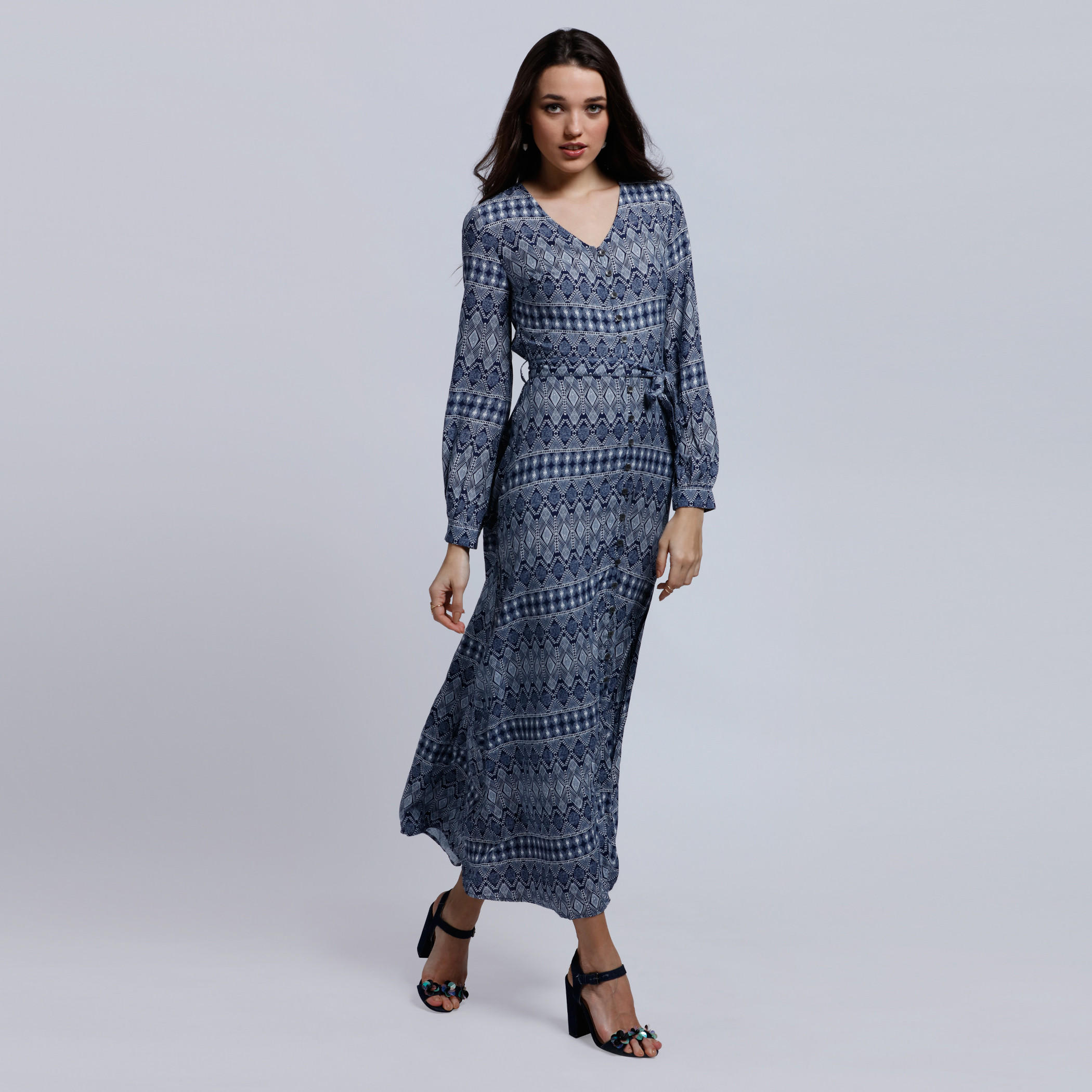 Lee Cooper Printed Maxi Dress with Long Sleeves and Tie Up -women-clothing-dresses-image-5