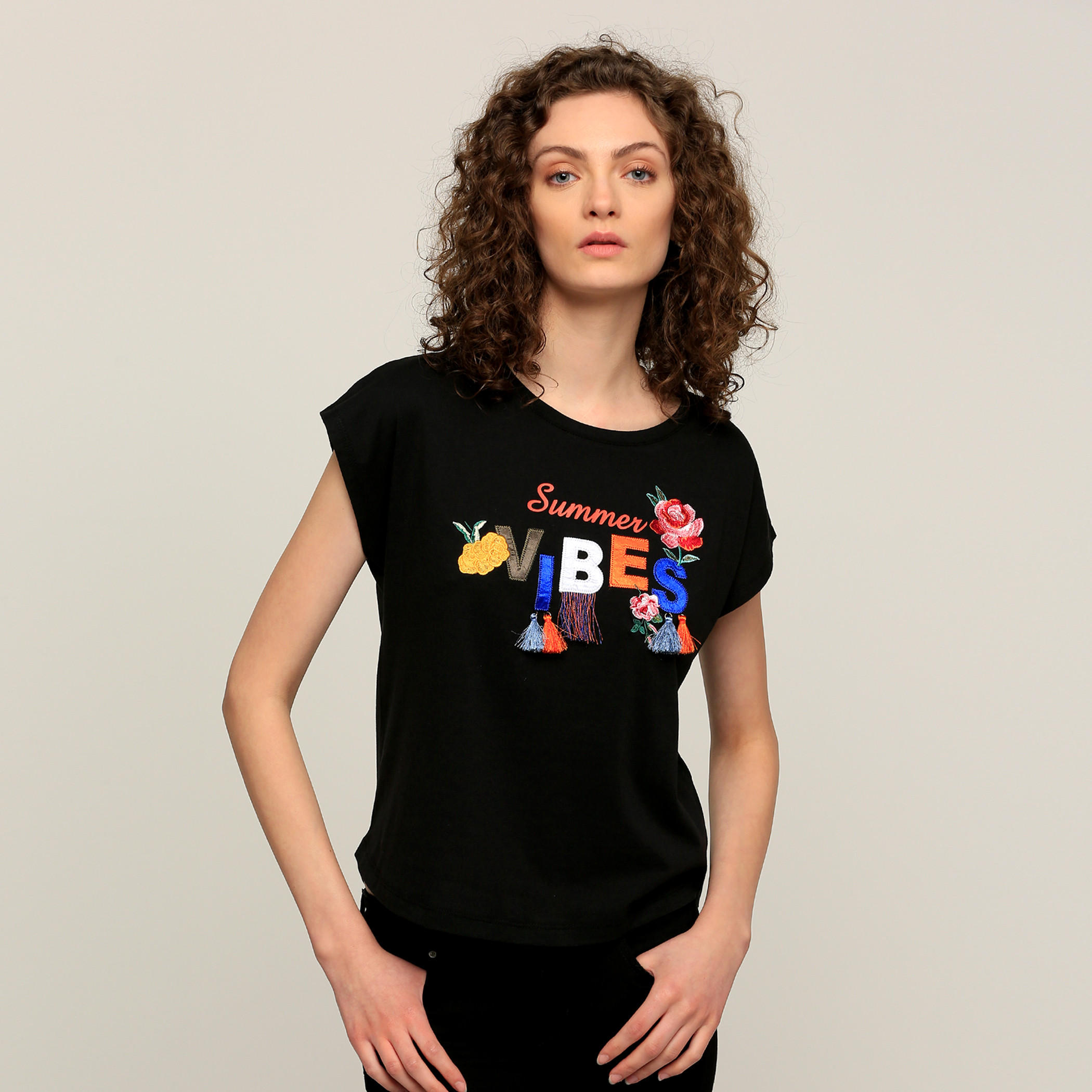 Lee Cooper Embroidered Round Neck T-Shirt with Cap Sleeves-women-clothing-tshirts-image-1