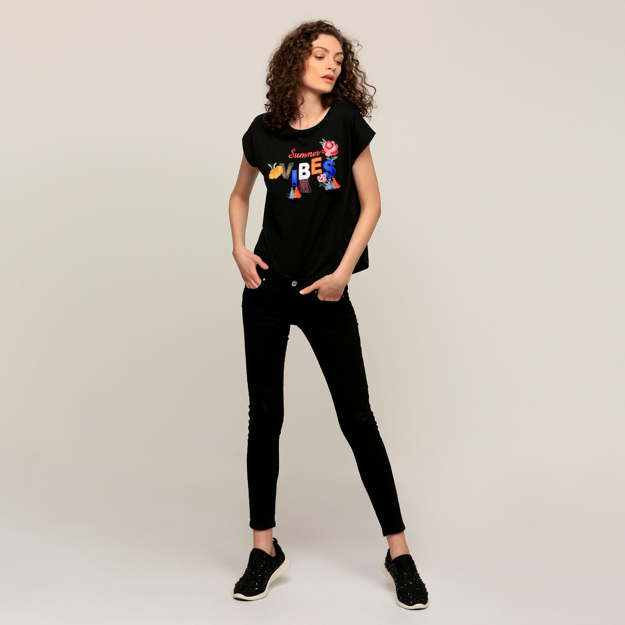 Lee Cooper Embroidered Round Neck T-Shirt with Cap Sleeves-women-clothing-tshirts-image-5