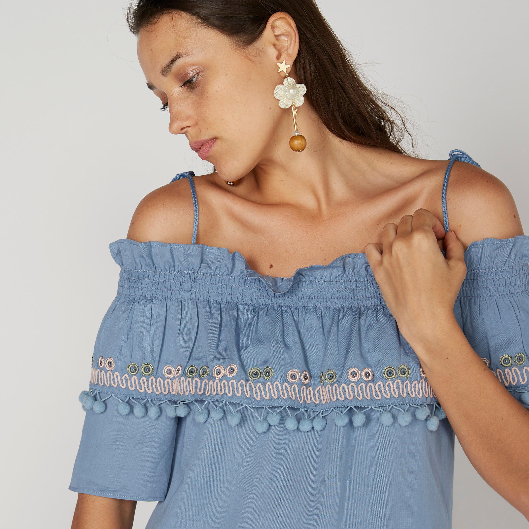 Lee Cooper Pompom Detail Off Shoulder Midi Dress with Spaghetti Straps-women-clothing-dresses-image-1