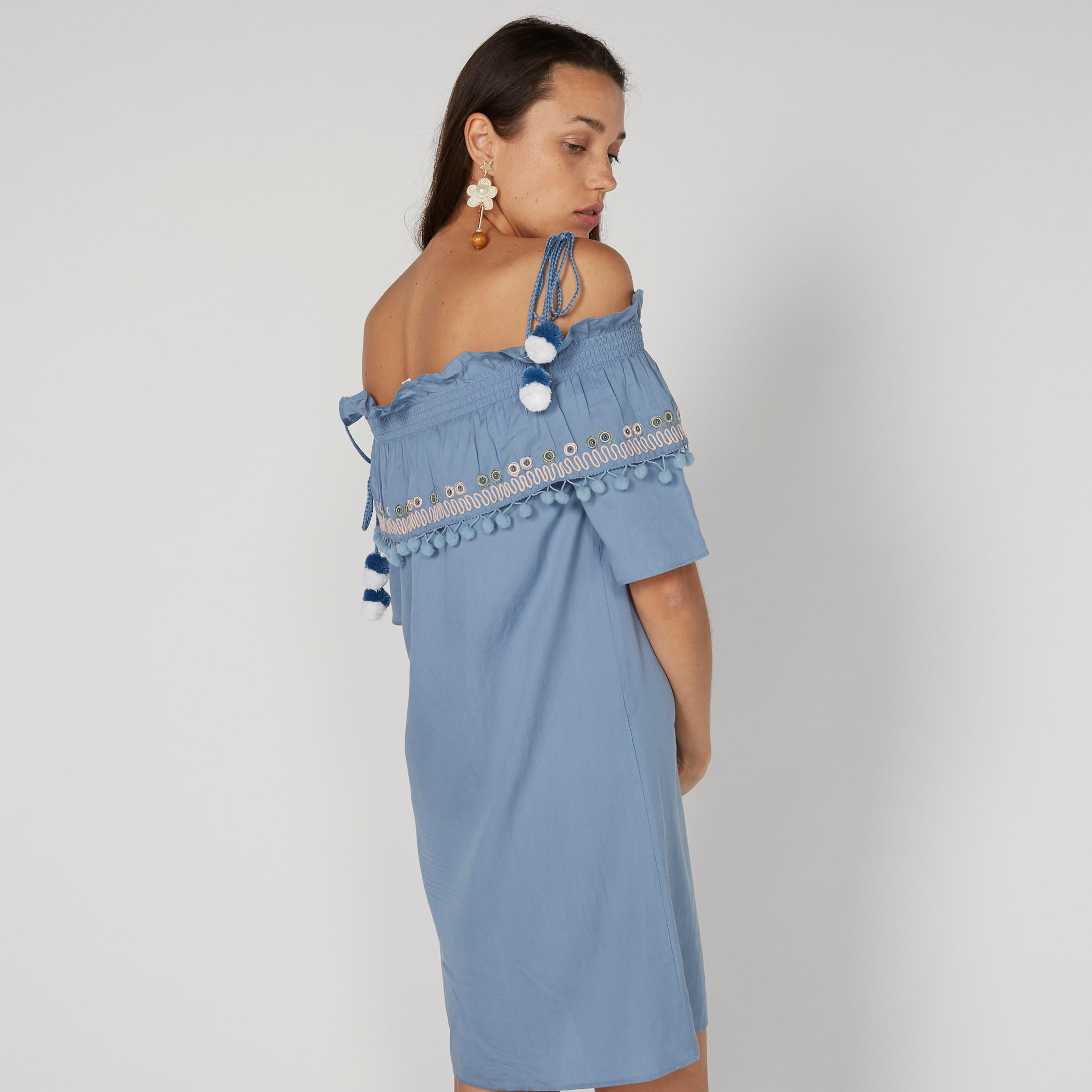 Lee Cooper Pompom Detail Off Shoulder Midi Dress with Spaghetti Straps-women-clothing-dresses-image-4