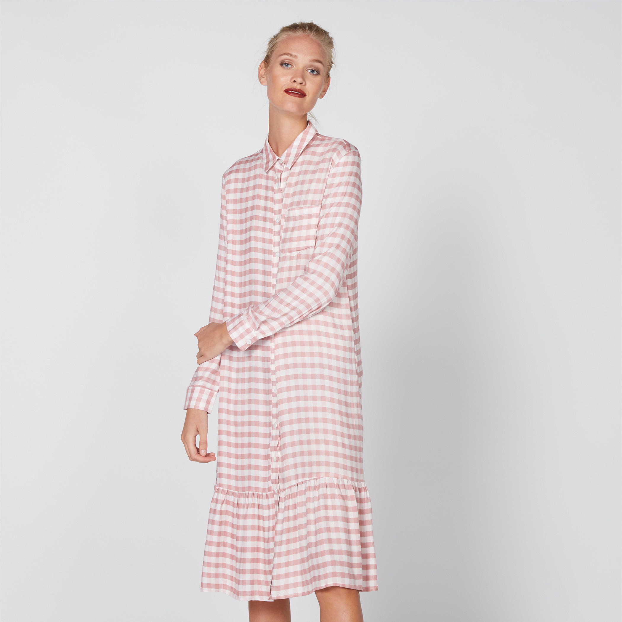 فستان كاروهات متوسط الطول بأكمام طويلة وجيب من لي كوبر-women-clothing-dresses-image-3