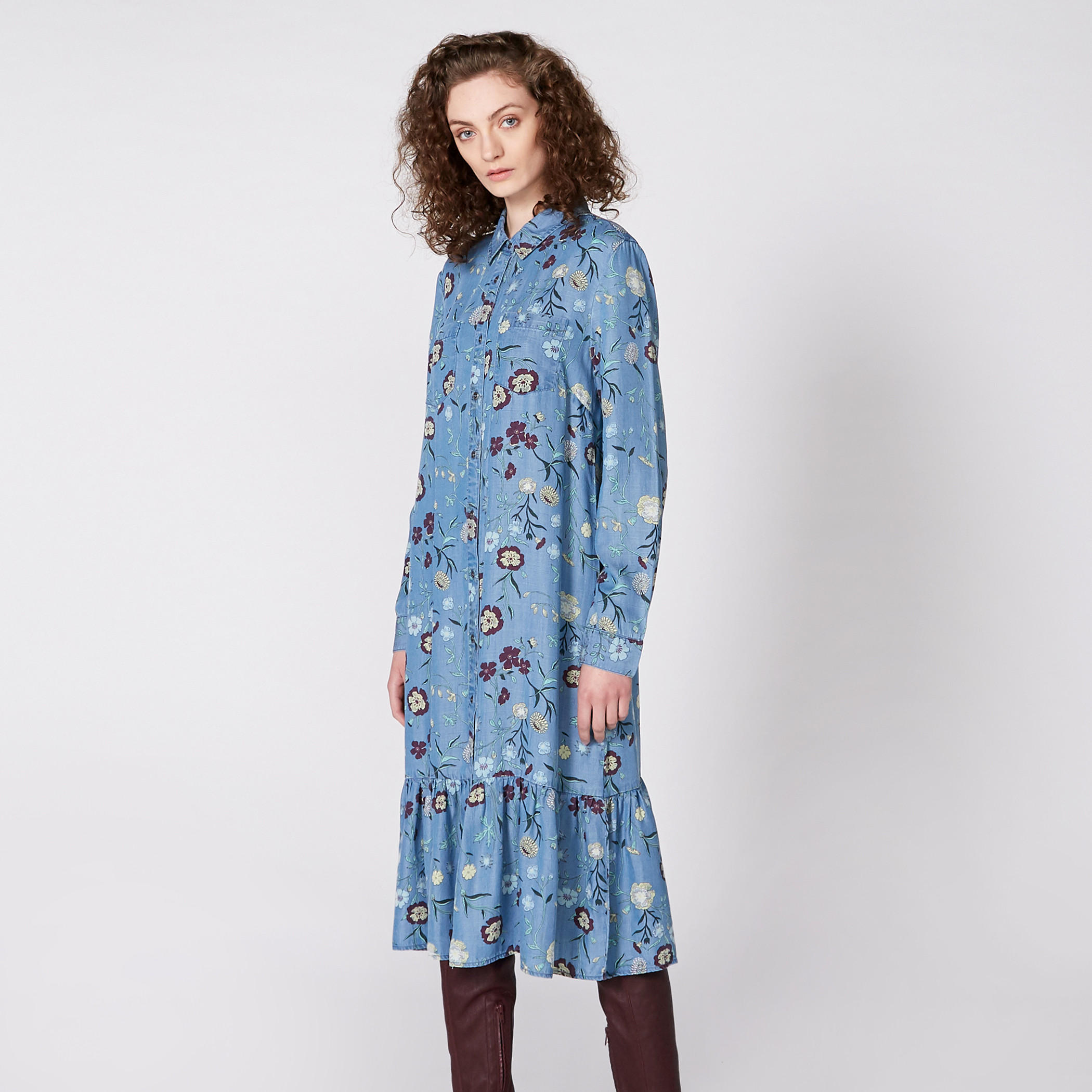 Lee Cooper Printed Midi Dress with Long Sleeves and Complete Placket-women-clothing-dresses-image-1