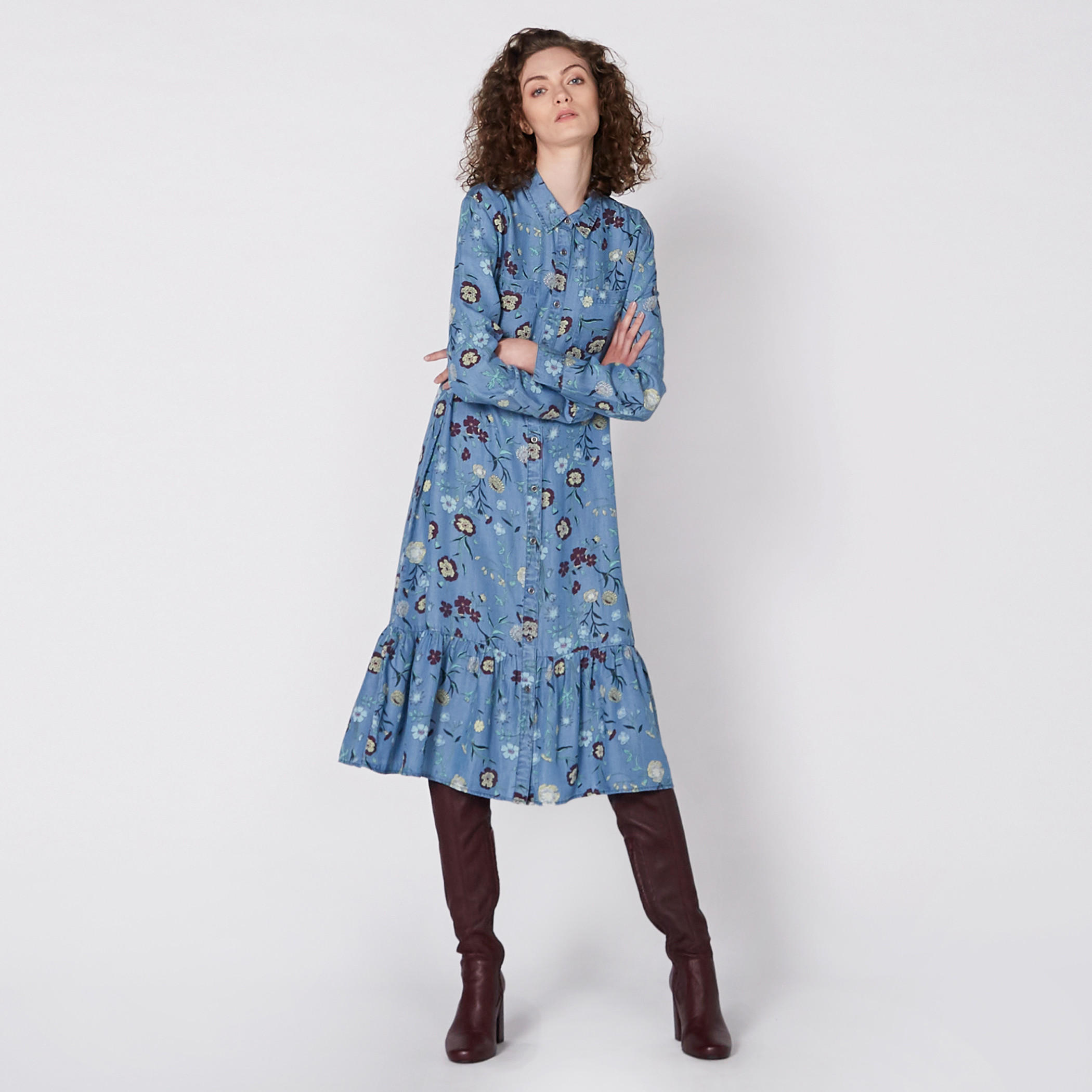 Lee Cooper Printed Midi Dress with Long Sleeves and Complete Placket-women-clothing-dresses-image-3