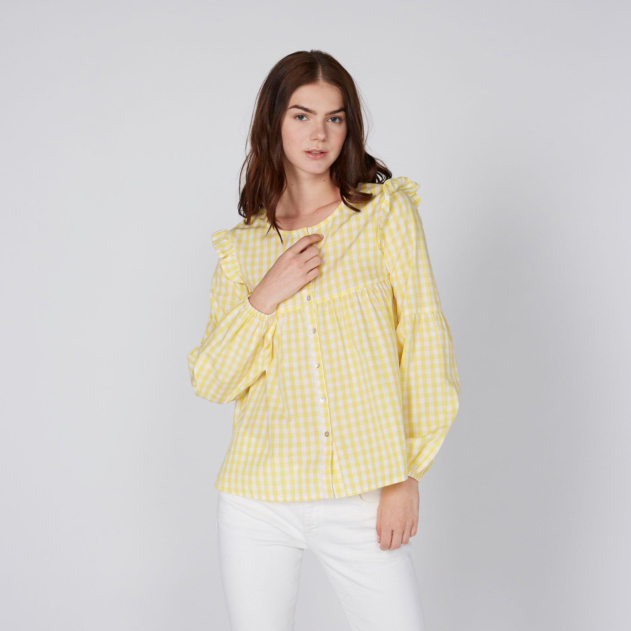 بلوزة كاروهات بياقة مستديرة وأكمام طويلة من لي كوبر-women-clothing-shirtsandblouses-blouses-image-1