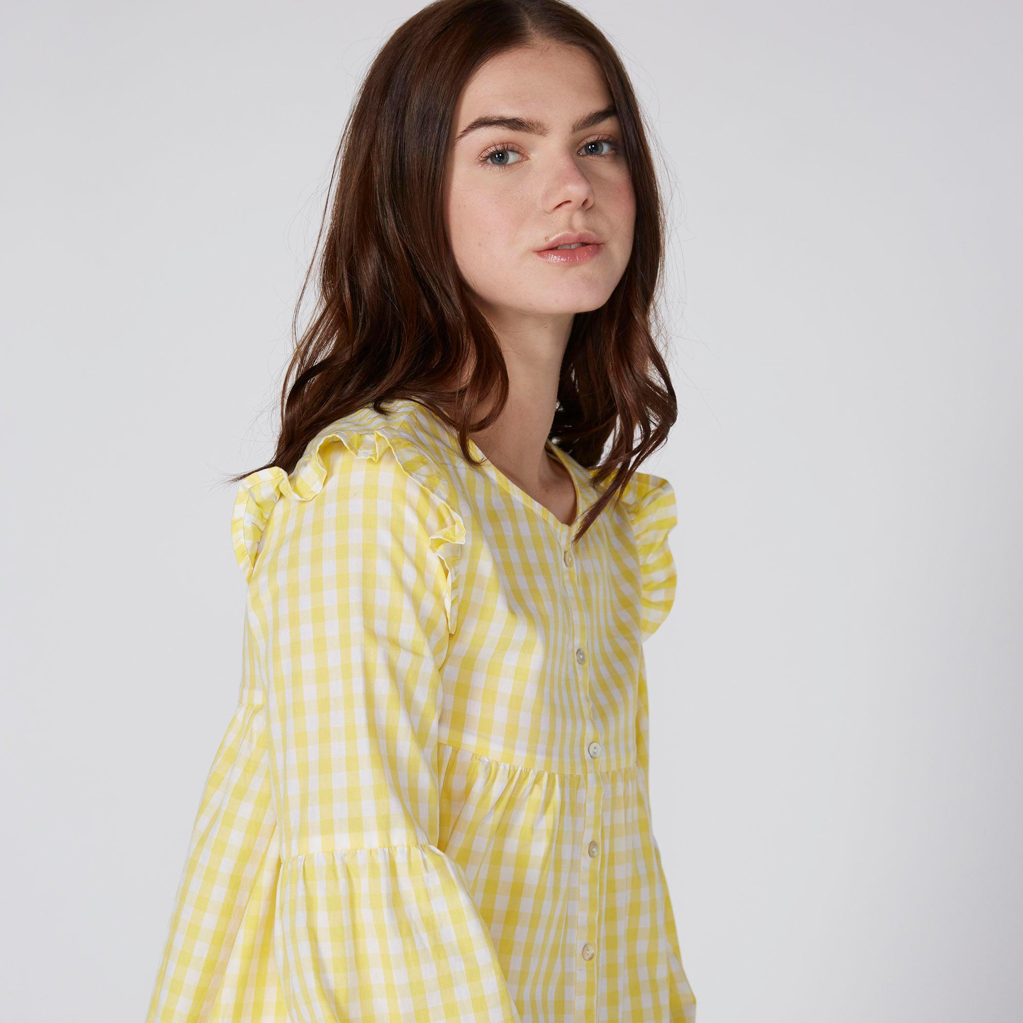 بلوزة كاروهات بياقة مستديرة وأكمام طويلة من لي كوبر-women-clothing-shirtsandblouses-blouses-image-2