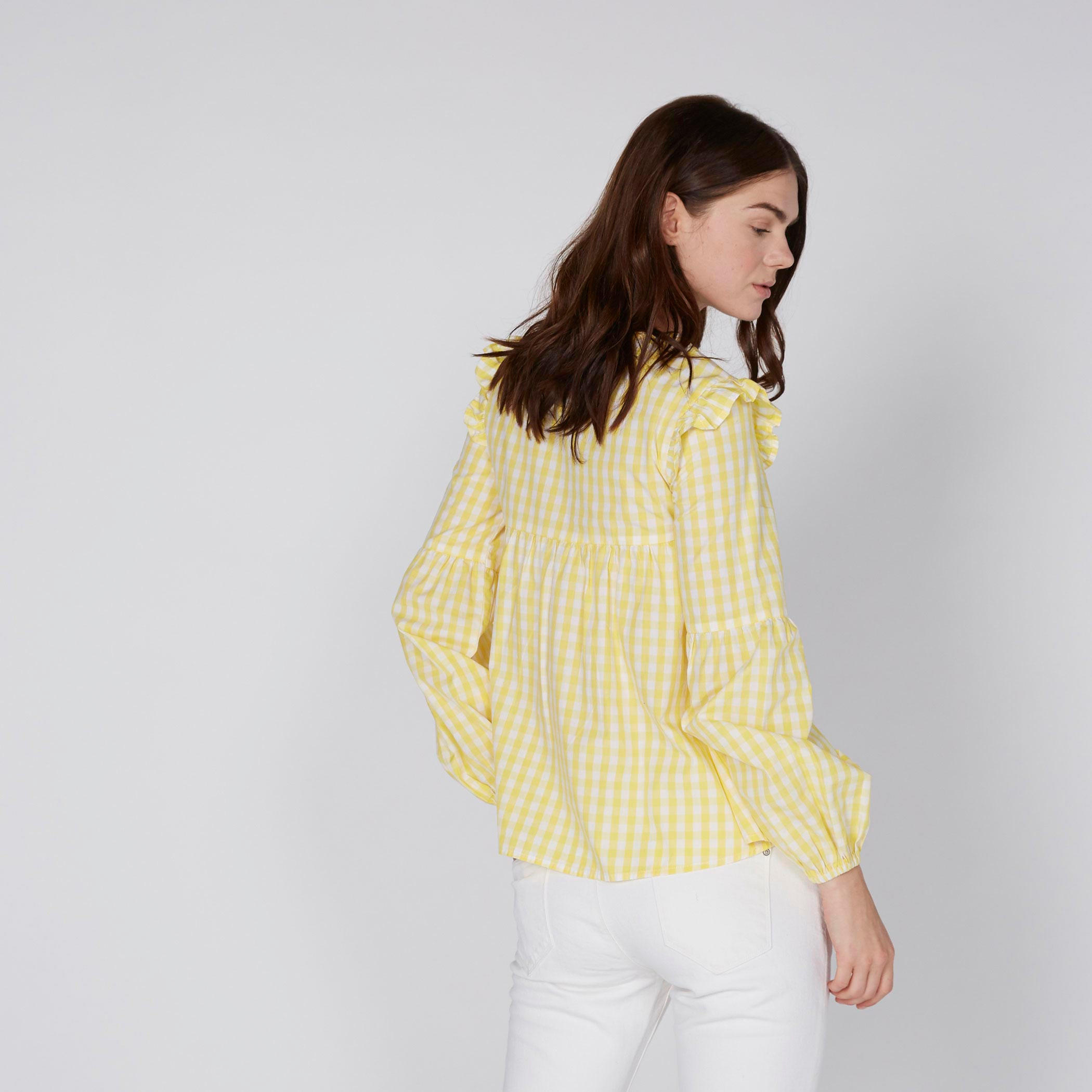 بلوزة كاروهات بياقة مستديرة وأكمام طويلة من لي كوبر-women-clothing-shirtsandblouses-blouses-image-3