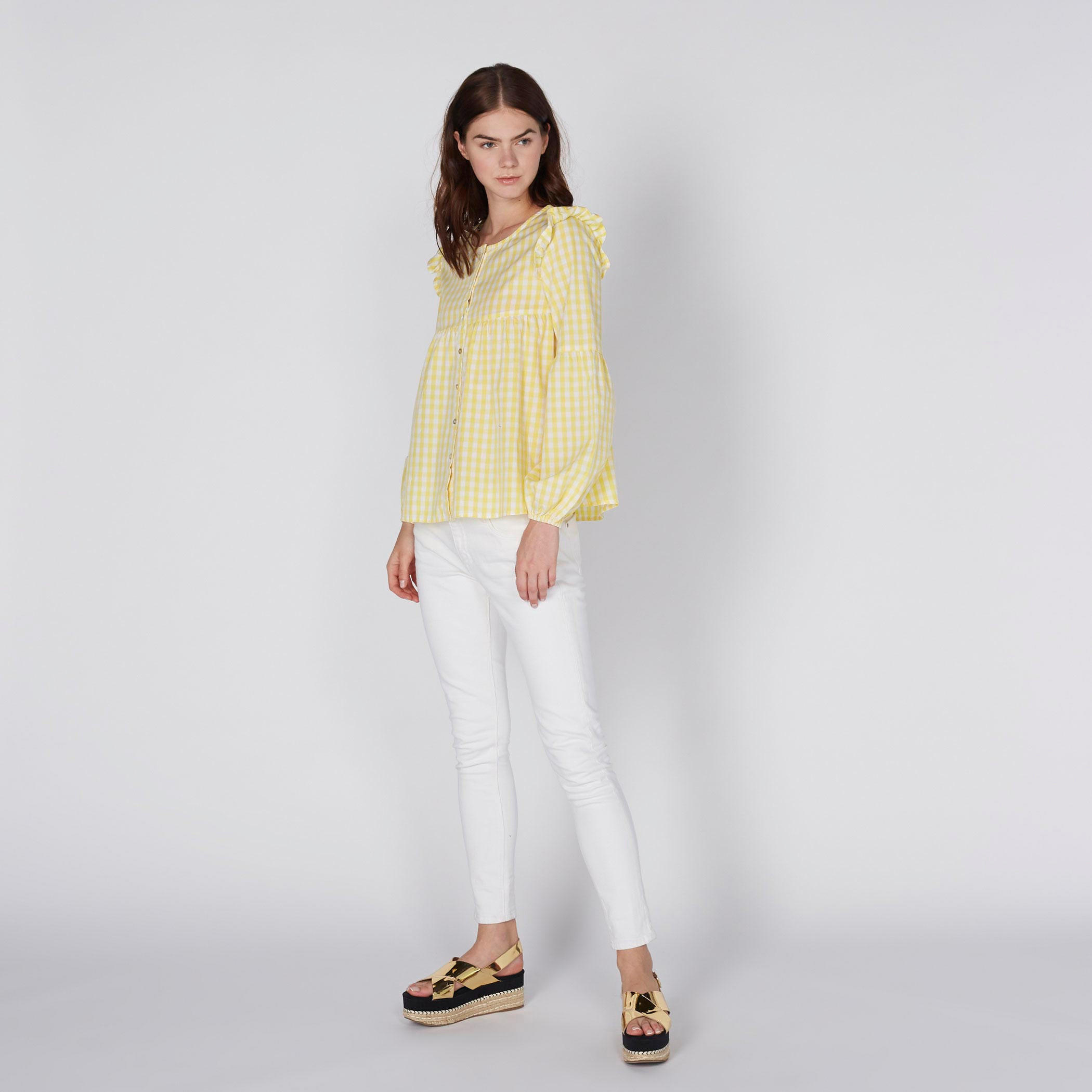 بلوزة كاروهات بياقة مستديرة وأكمام طويلة من لي كوبر-women-clothing-shirtsandblouses-blouses-image-4