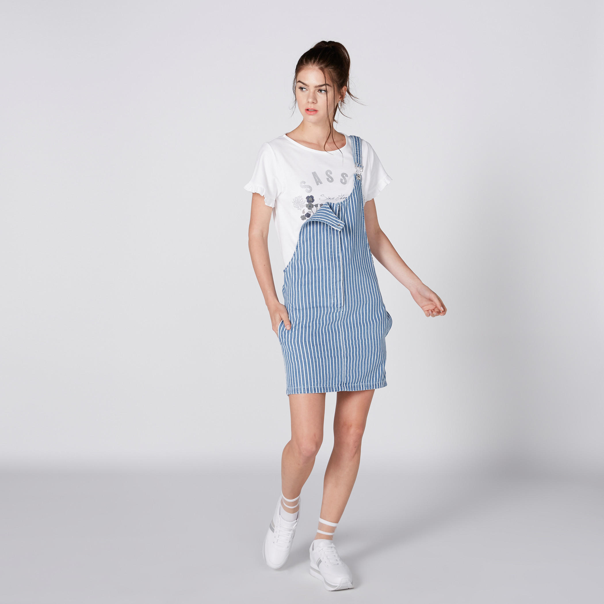 Lee Cooper Striped Pinafore with Zip Closure and Pocket Detail-women-clothing-dresses-image-4