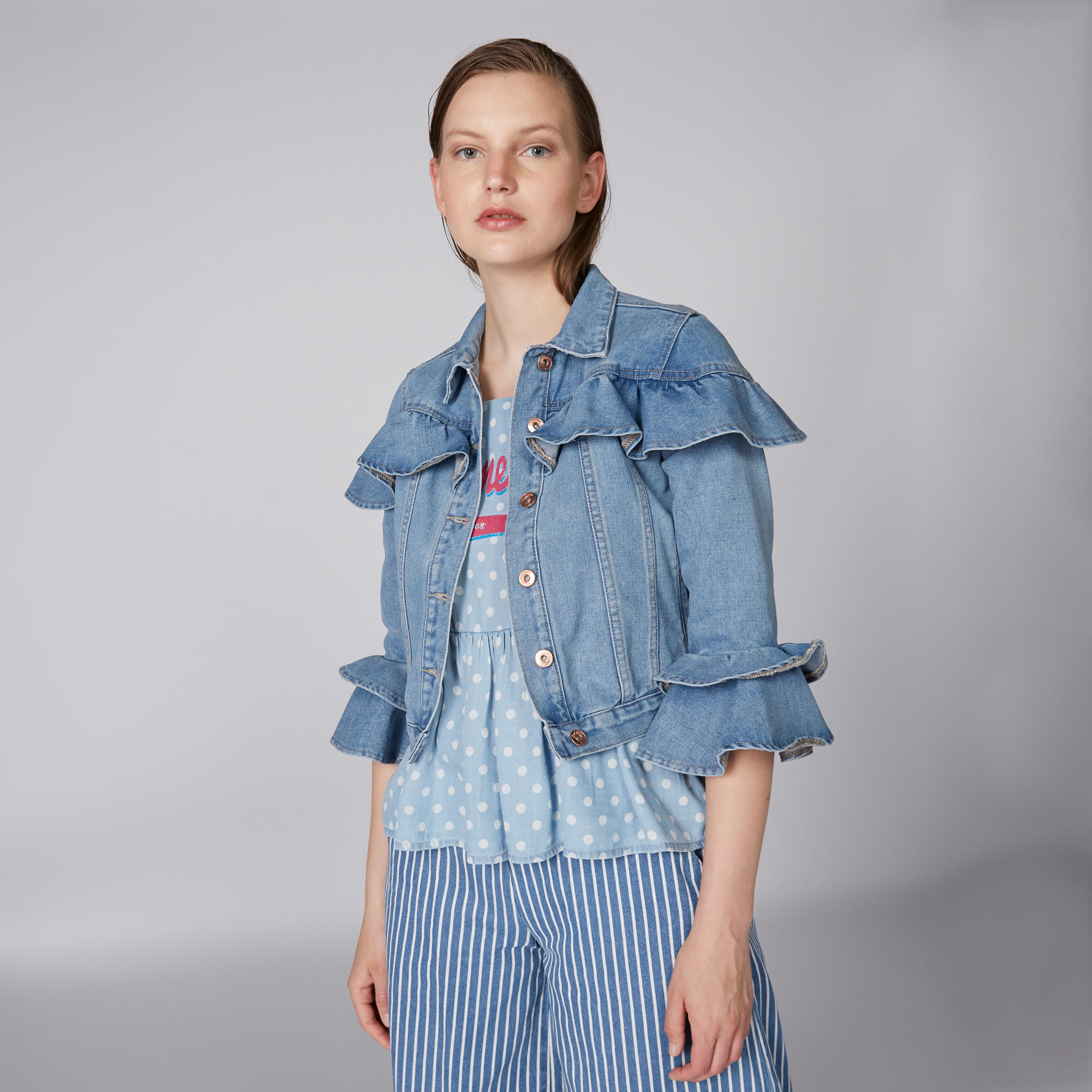 Lee Cooper Frill Detail Denim Jacket with Button Closure-women-winterwear-coatsandjackets-jackets-image-2