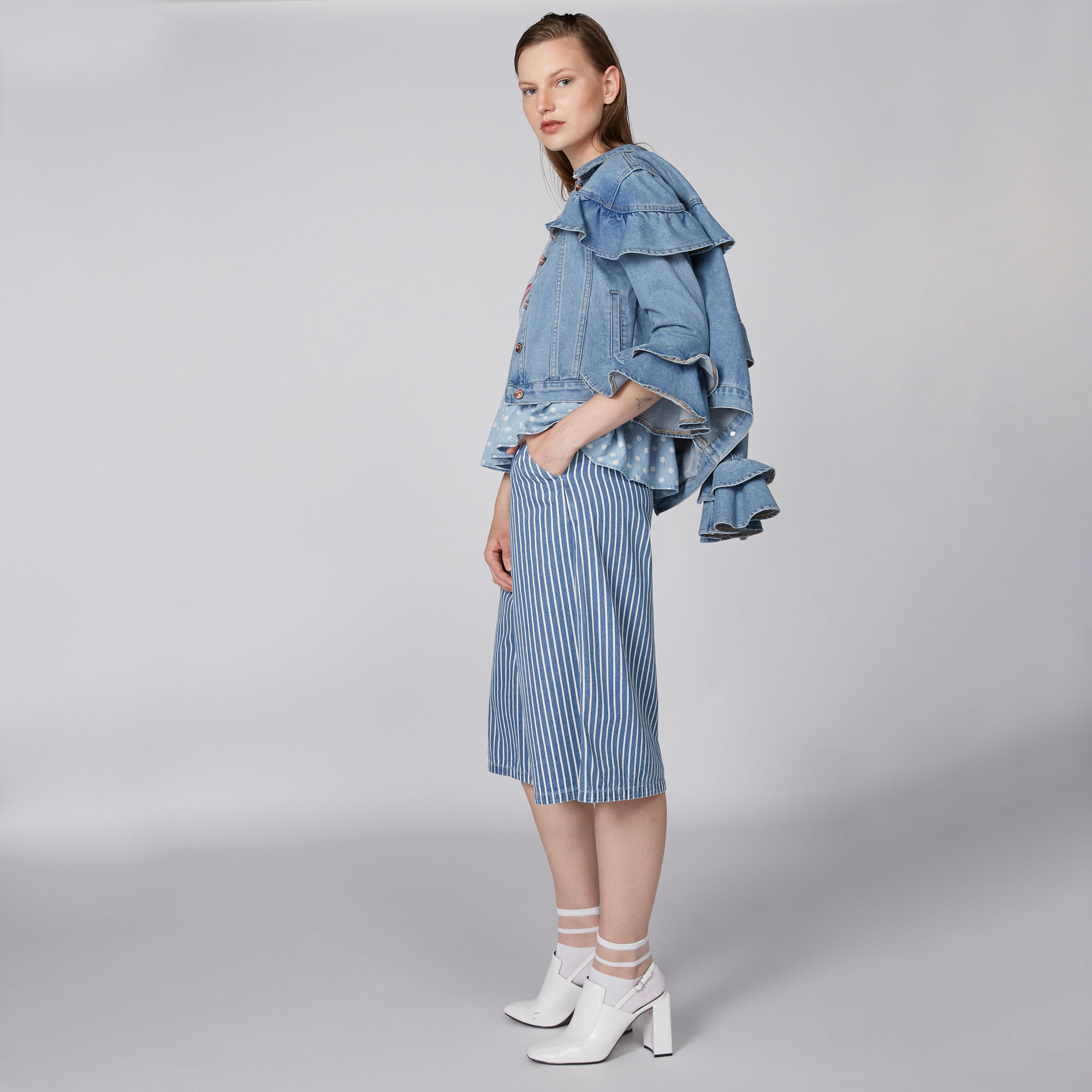 Lee Cooper Frill Detail Denim Jacket with Button Closure-women-winterwear-coatsandjackets-jackets-image-1