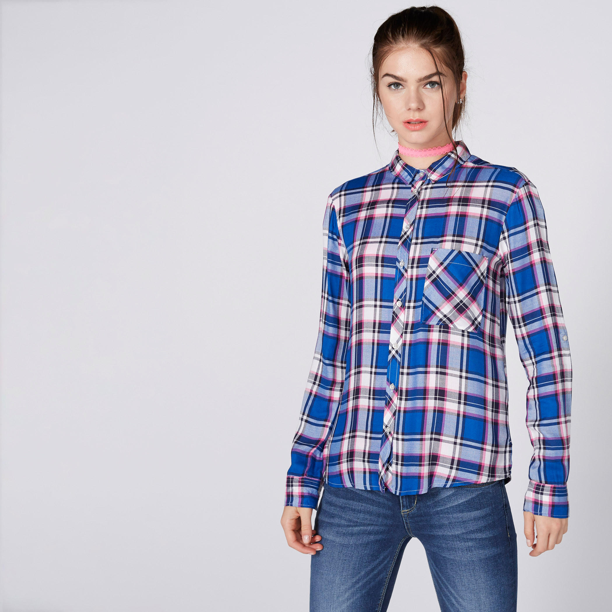 قميص كاروهات بأكمام طويلة ووصلة أزرار كاملة من لي كوبر-women-clothing-shirtsandblouses-shirts-image-2