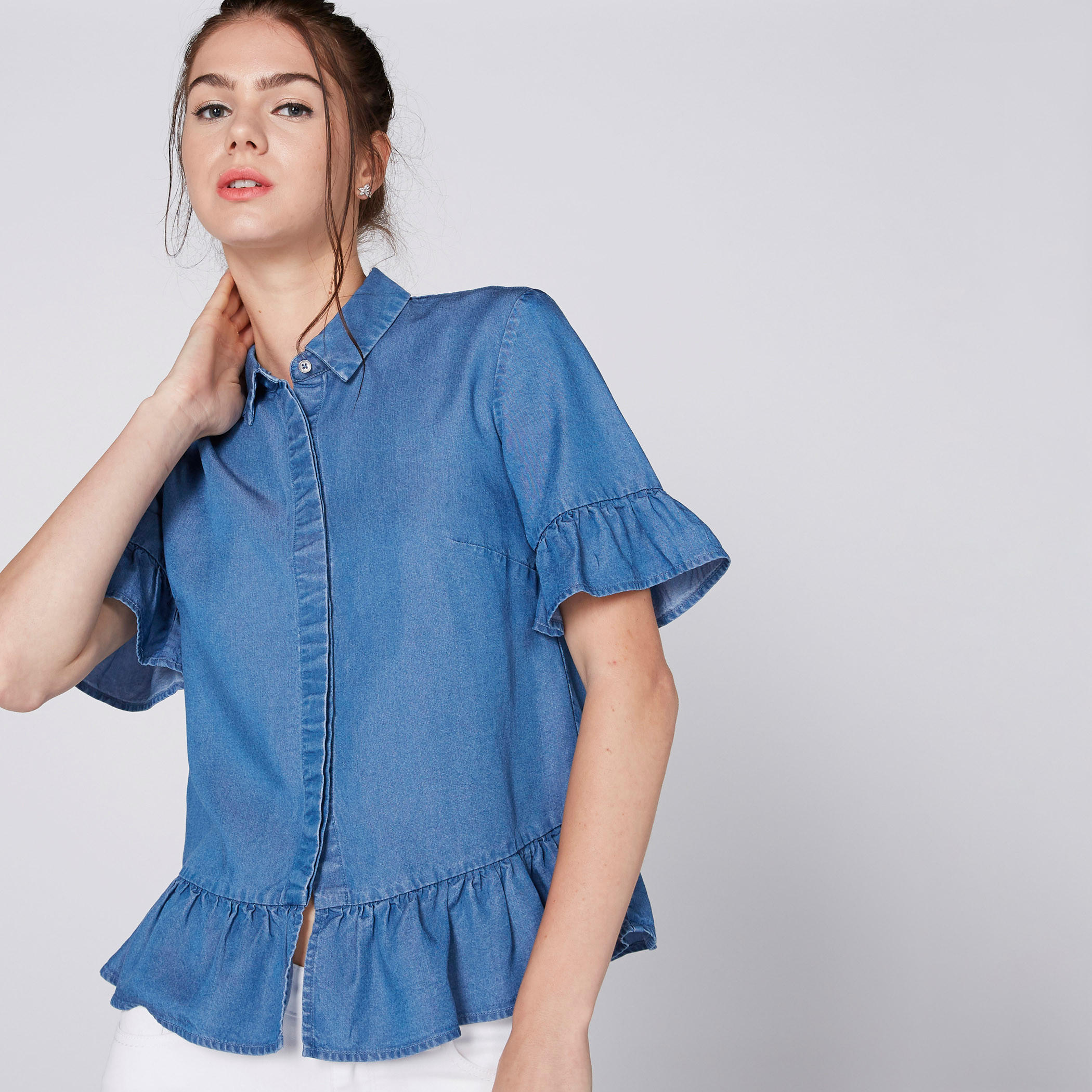 Lee Cooper Peplum Shirt with Ruffled Sleeves and Concealed Placket-women-clothing-shirtsandblouses-shirts-image-1