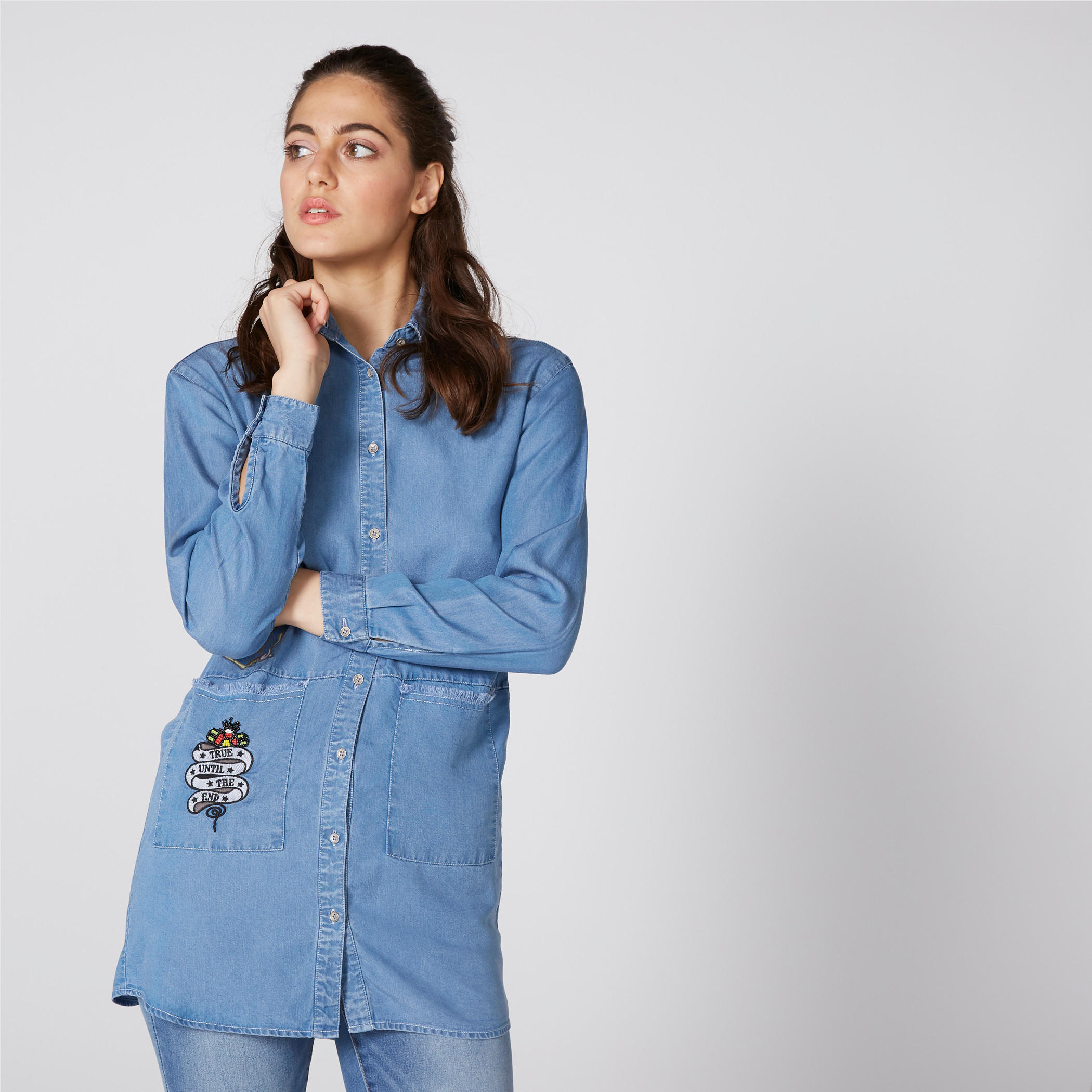 Lee Cooper Embroidered Denim Shirt with Complete Placket-women-clothing-shirtsandblouses-shirts-image-1