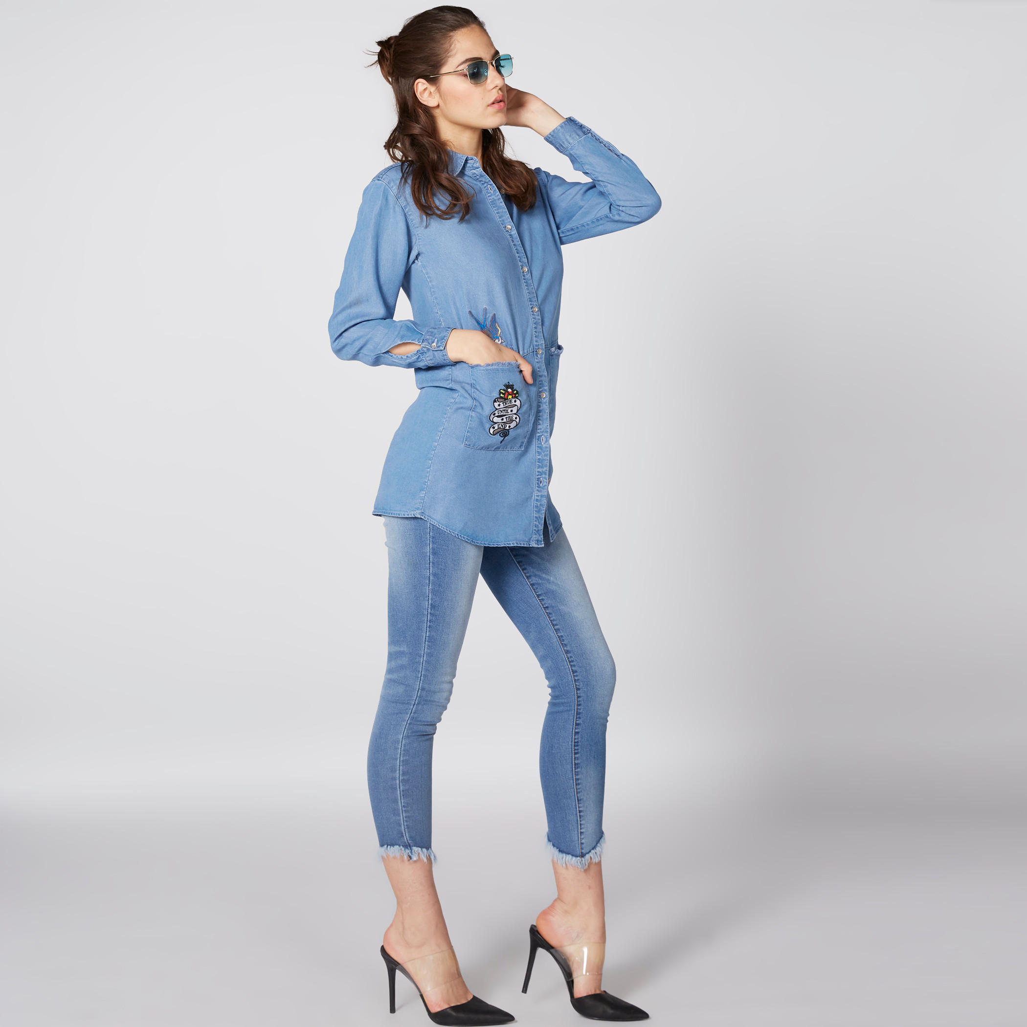 Lee Cooper Embroidered Denim Shirt with Complete Placket-women-clothing-shirtsandblouses-shirts-image-2